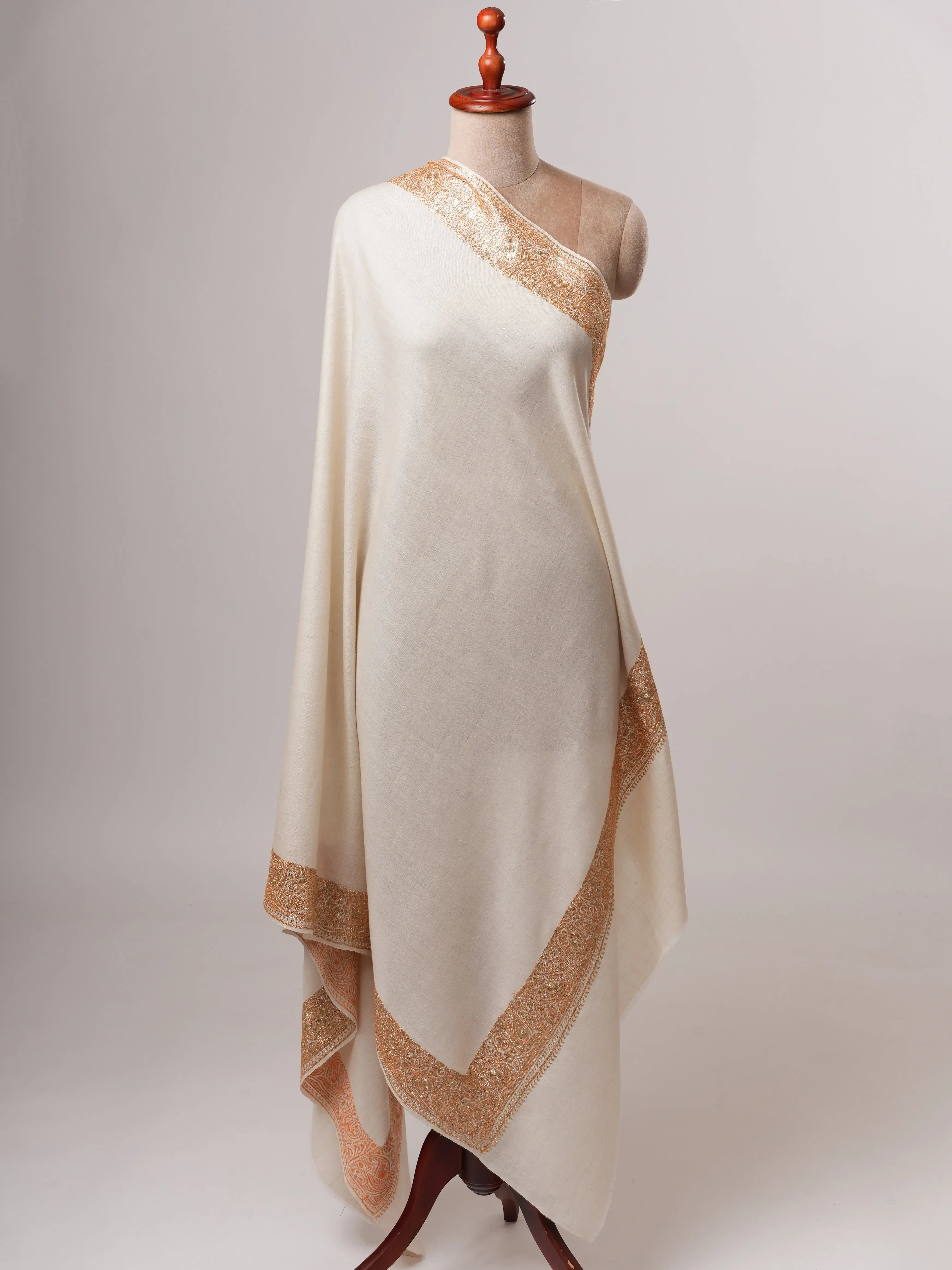 Natural Ivory Pashmina Shawl with Daurdar Gold Tilla Embroidery Shahkaar