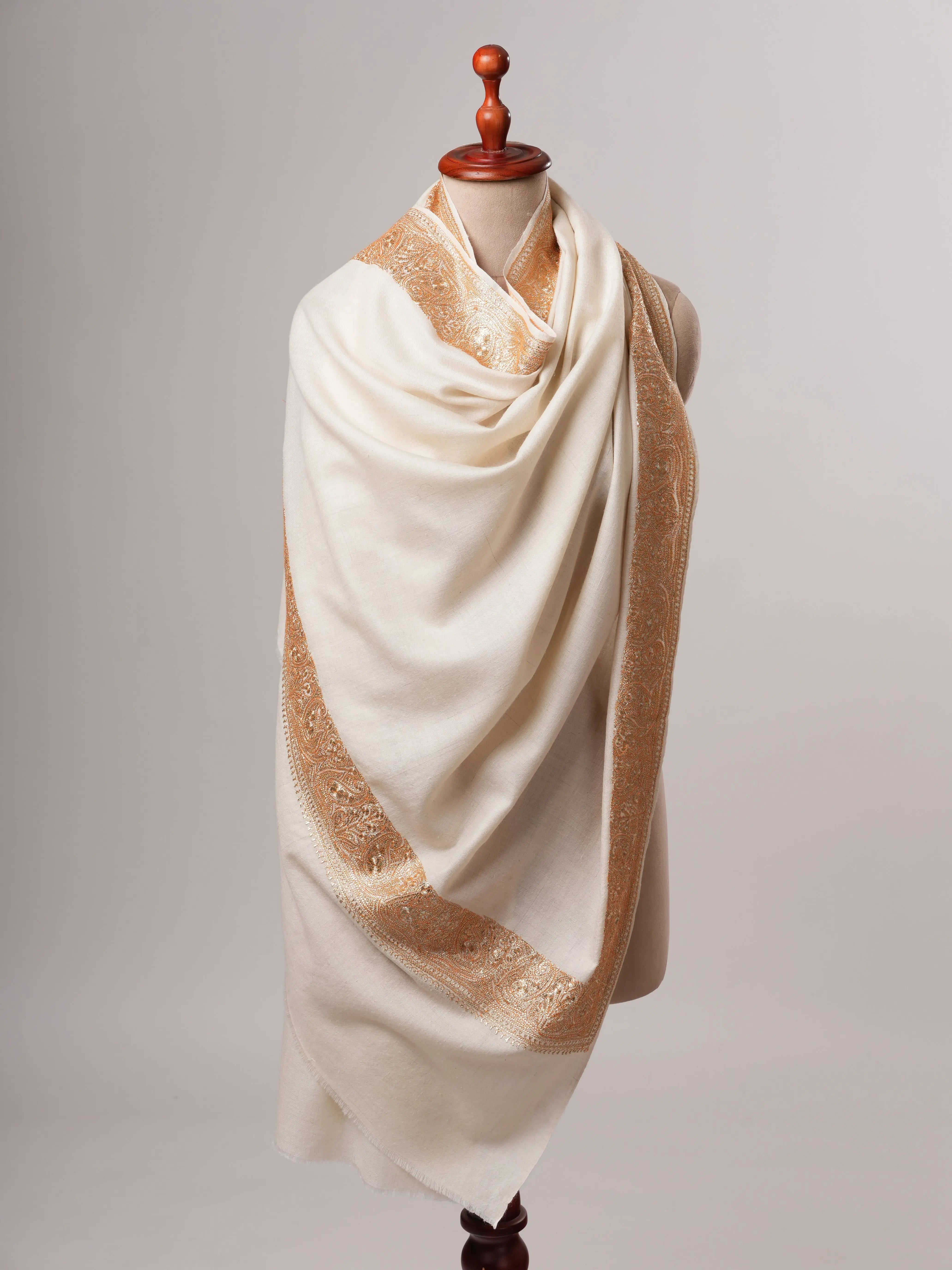 Natural Ivory Pashmina Shawl with Daurdar Gold Tilla Embroidery Shahkaar