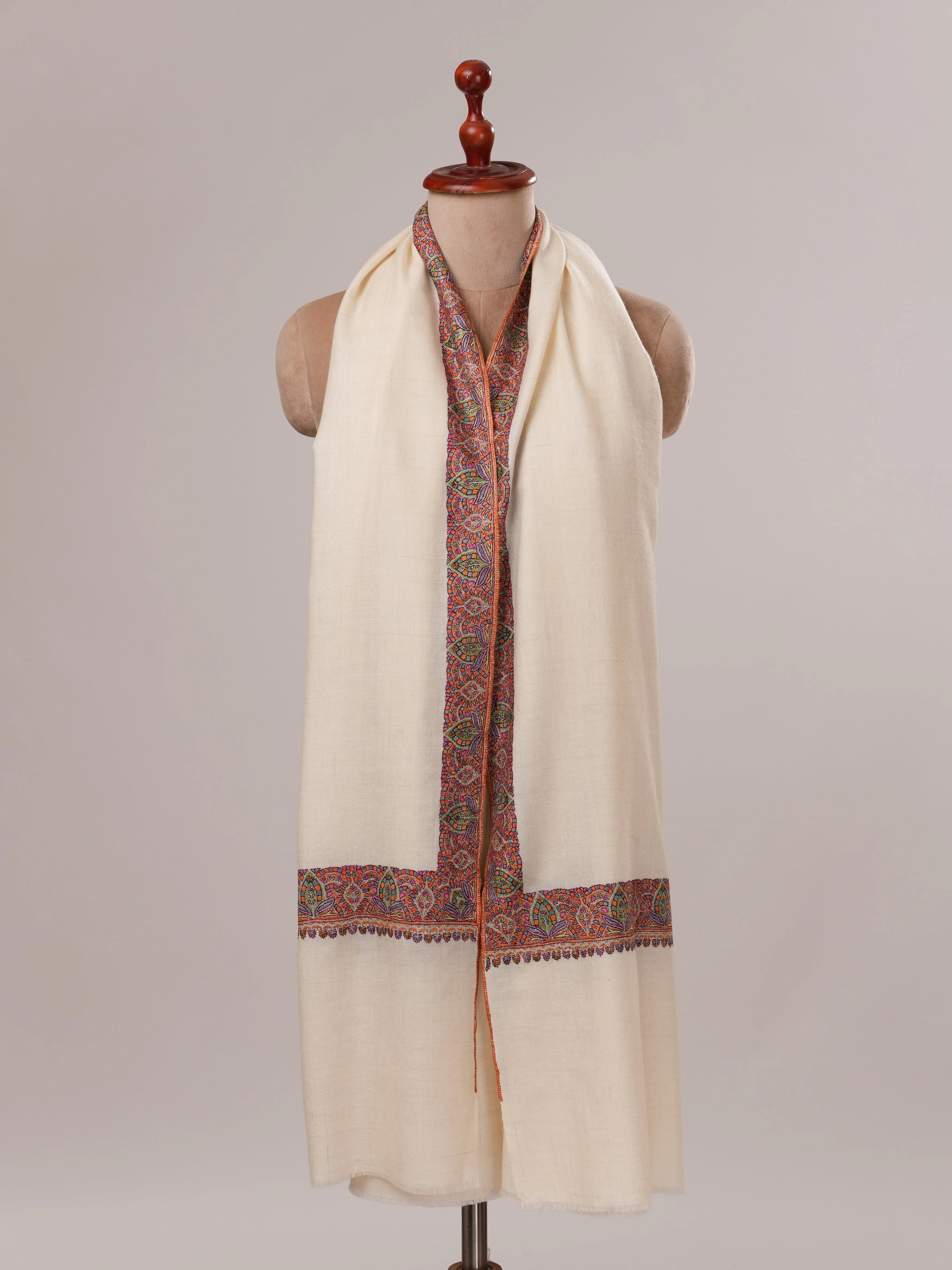 Hand Embroidered Off White Neemdaur Pure Pashmina Shawl Shahkaar.com