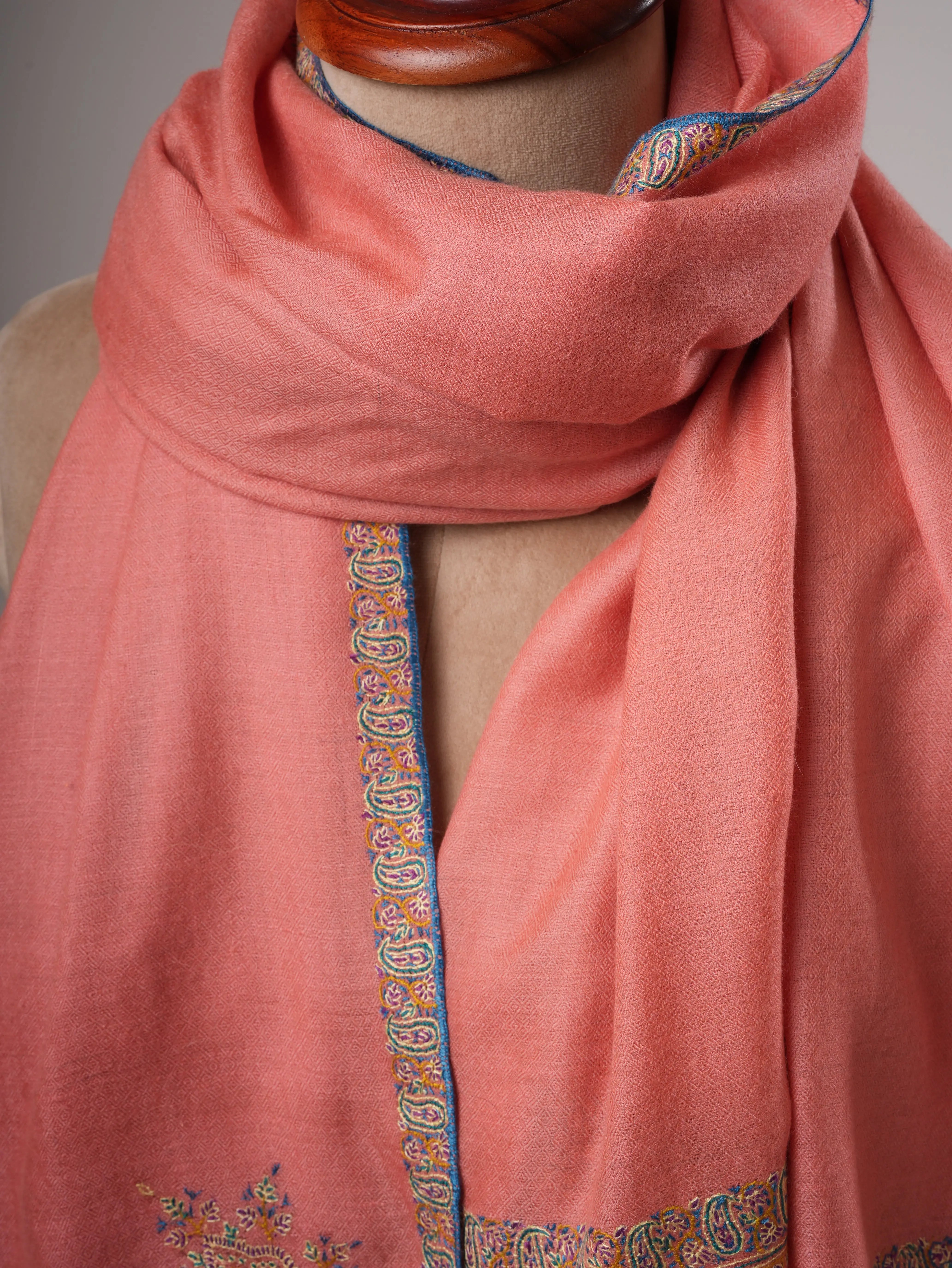 Peach Indian Pashmina Shawl – Hand-Embroidered Hashia Border Shahkaar