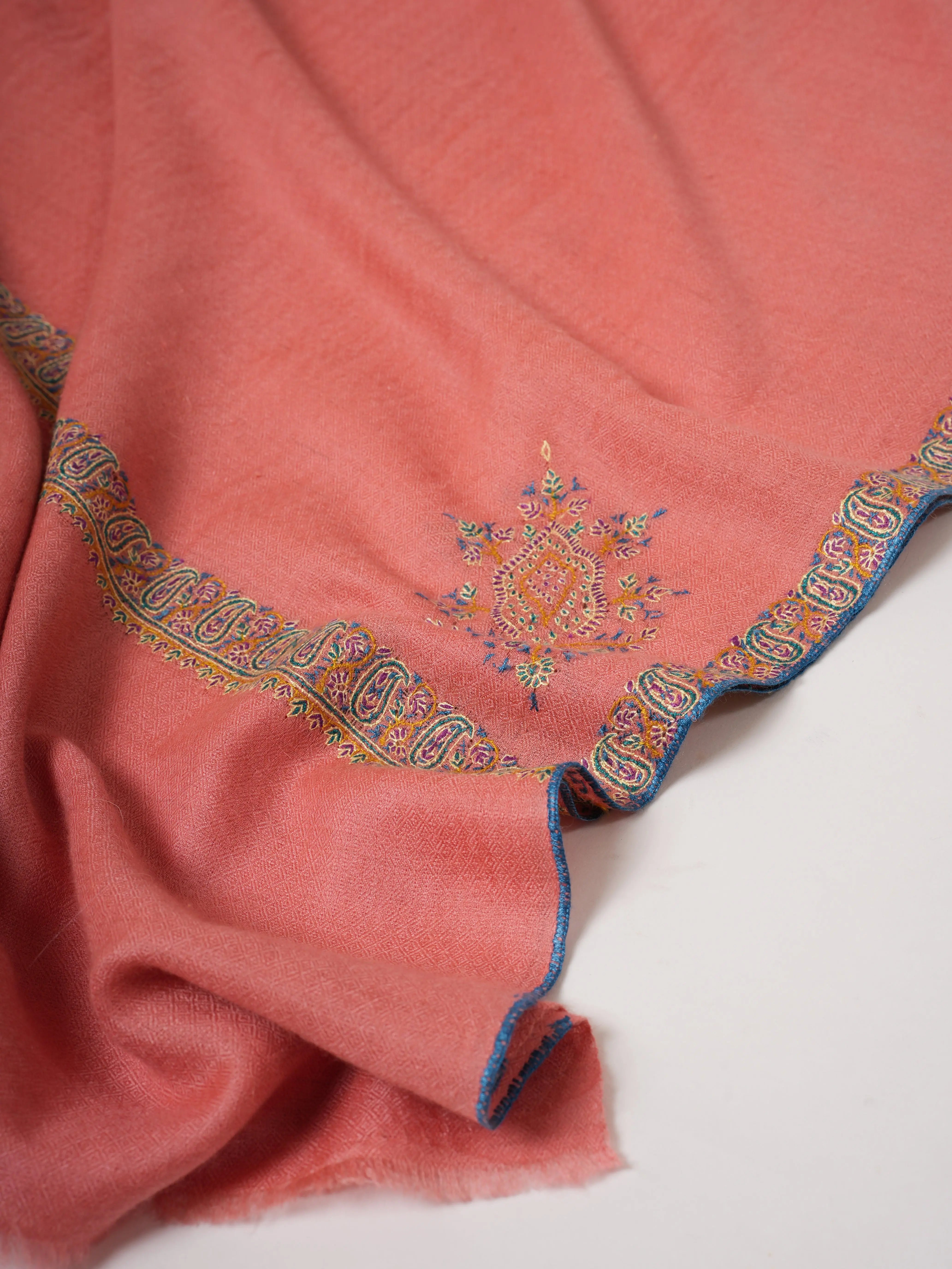 Peach Indian Pashmina Shawl – Hand-Embroidered Hashia Border Shahkaar