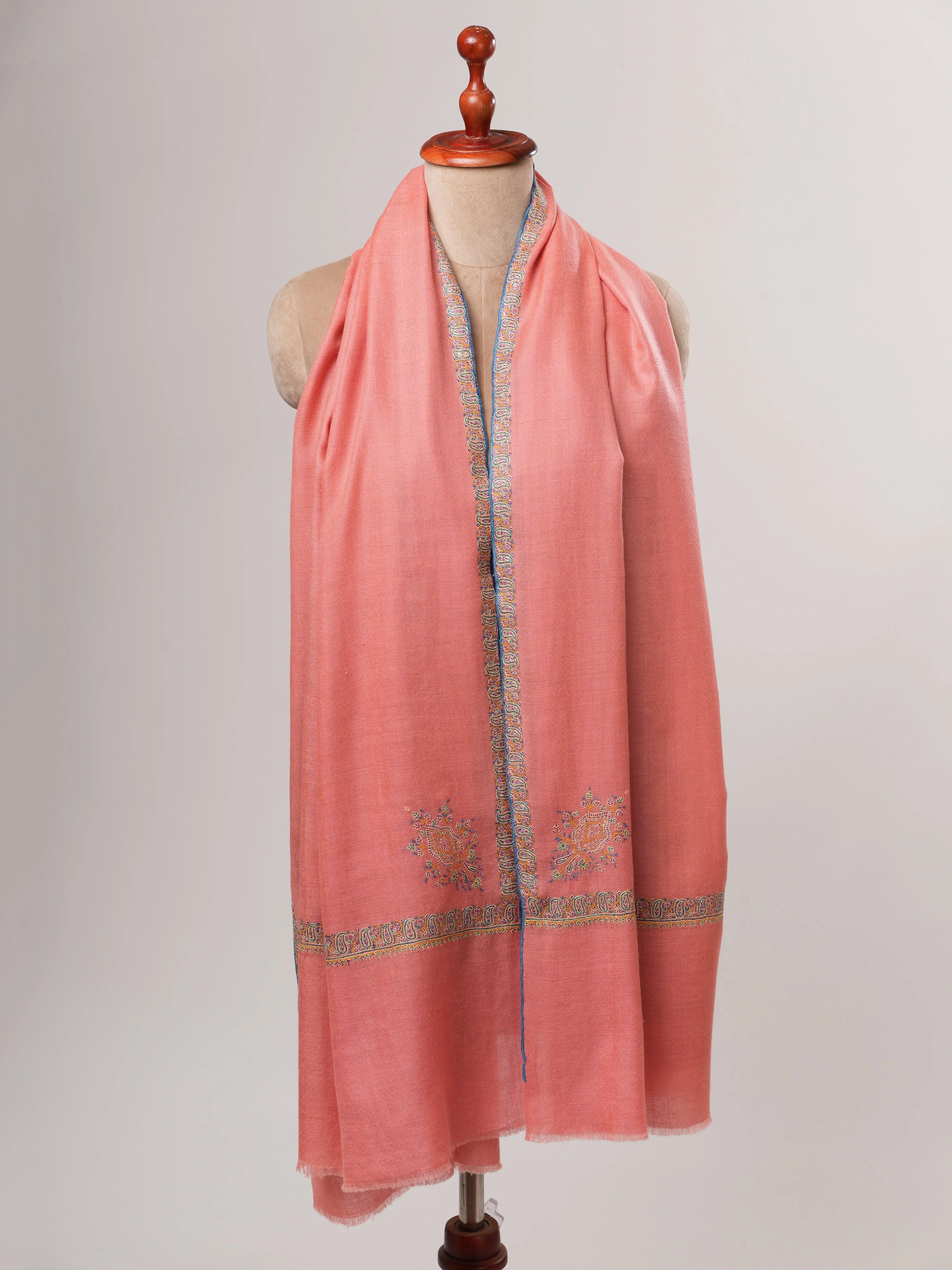 Peach Indian Pashmina Shawl – Hand-Embroidered Hashia Border Shahkaar