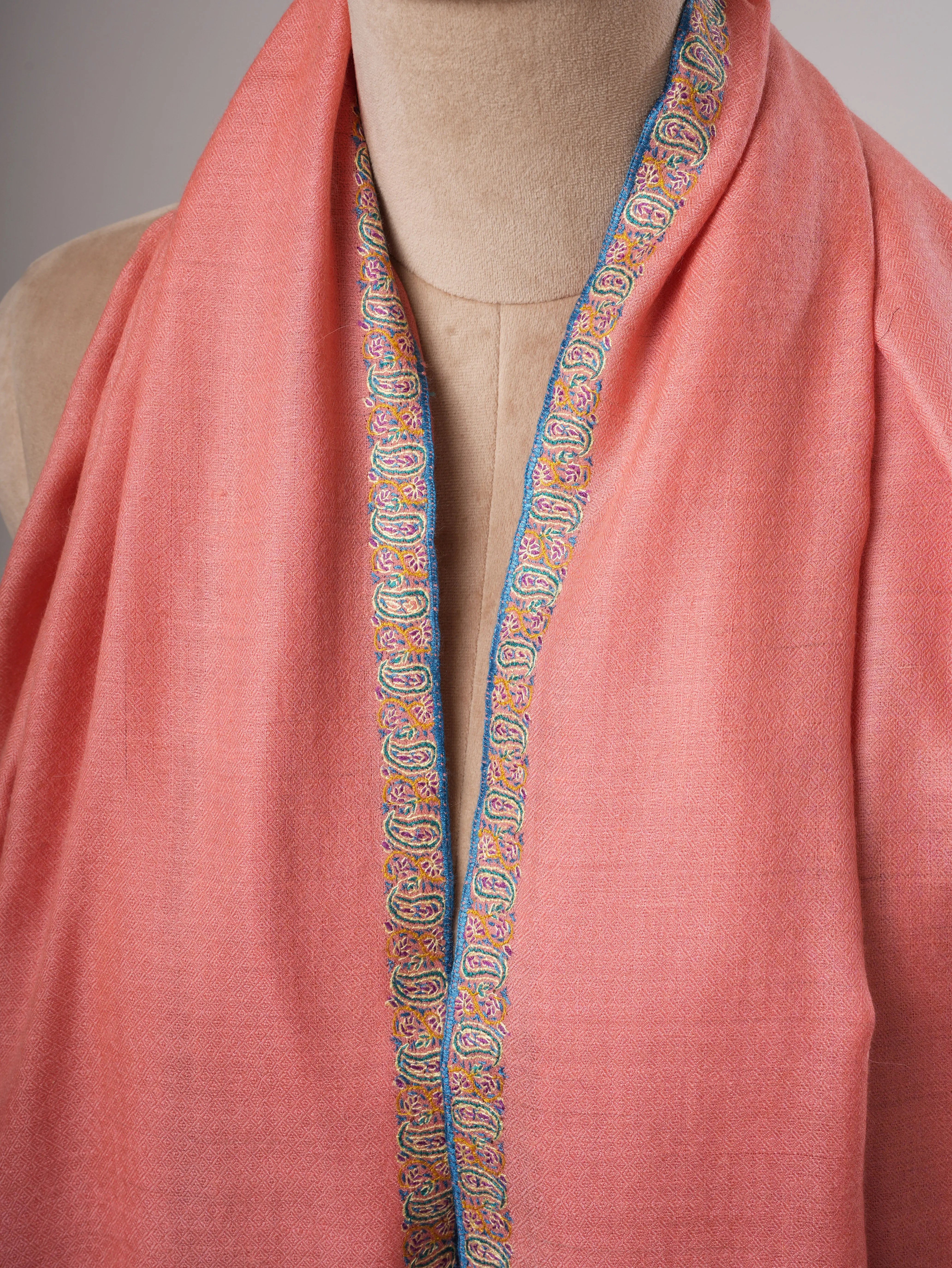Peach Indian Pashmina Shawl – Hand-Embroidered Hashia Border Shahkaar