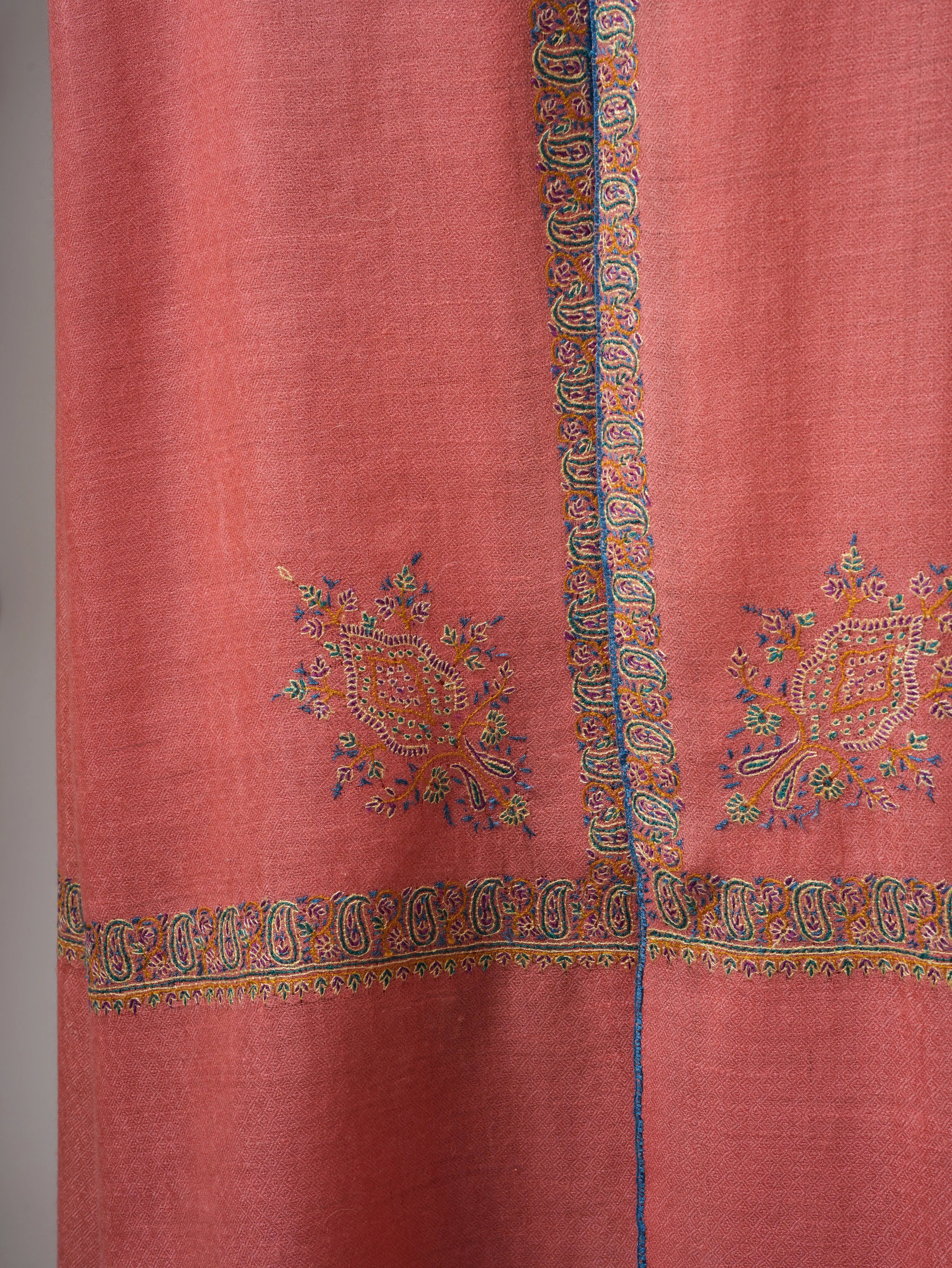Peach Indian Pashmina Shawl – Hand-Embroidered Hashia Border Shahkaar