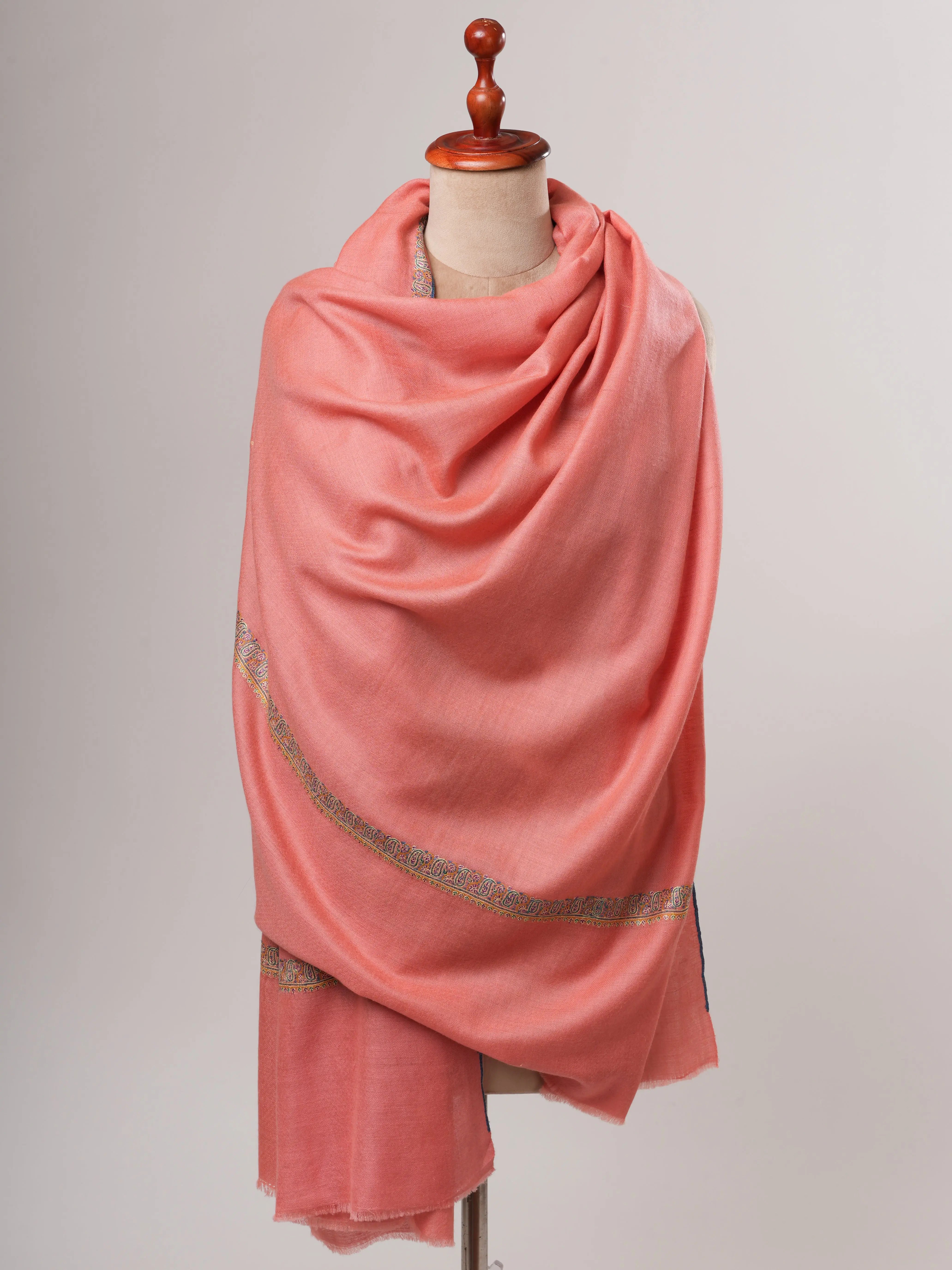 Peach Indian Pashmina Shawl – Hand-Embroidered Hashia Border Shahkaar