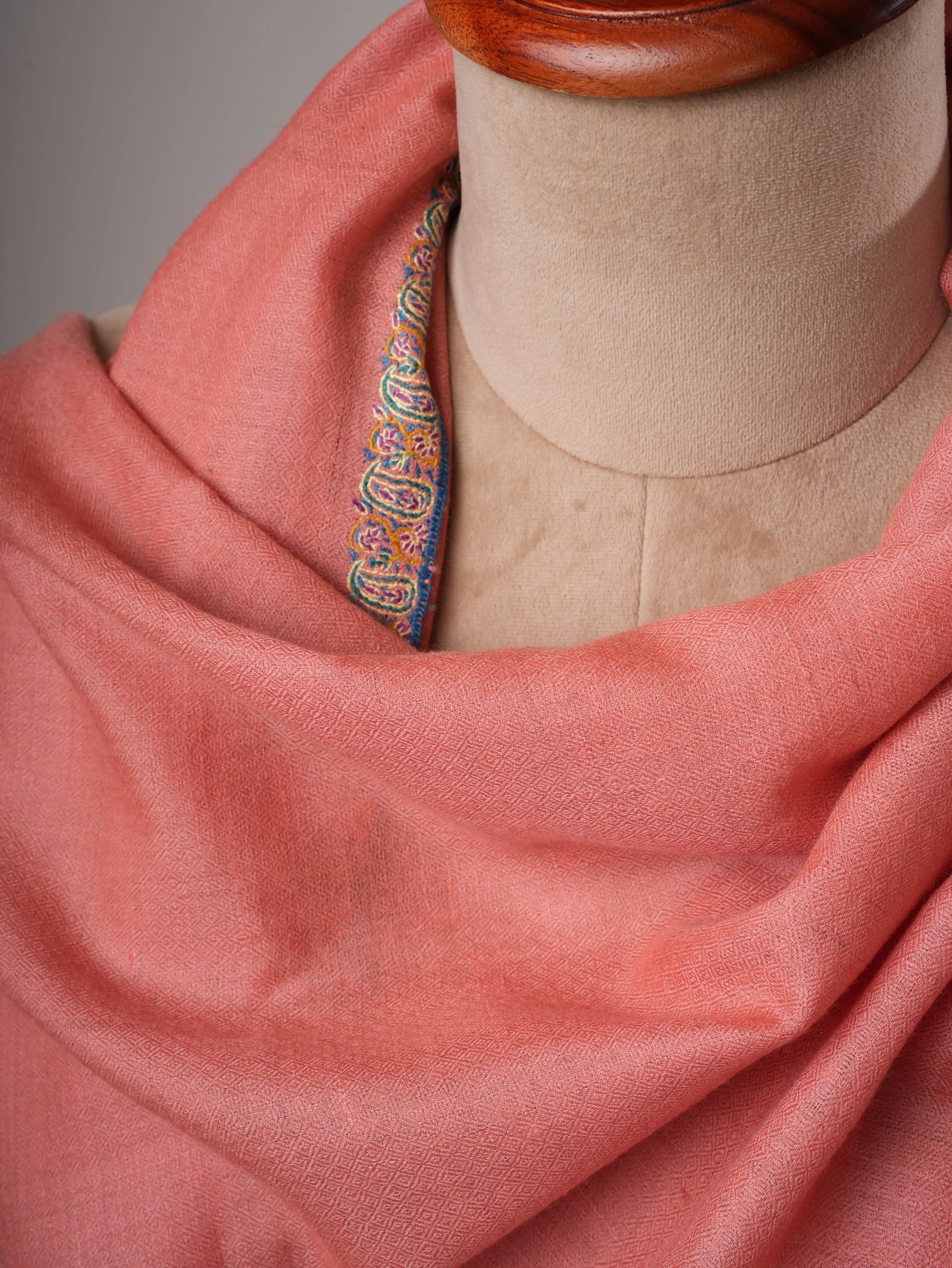 Peach Indian Pashmina Shawl – Hand-Embroidered Hashia Border Shahkaar