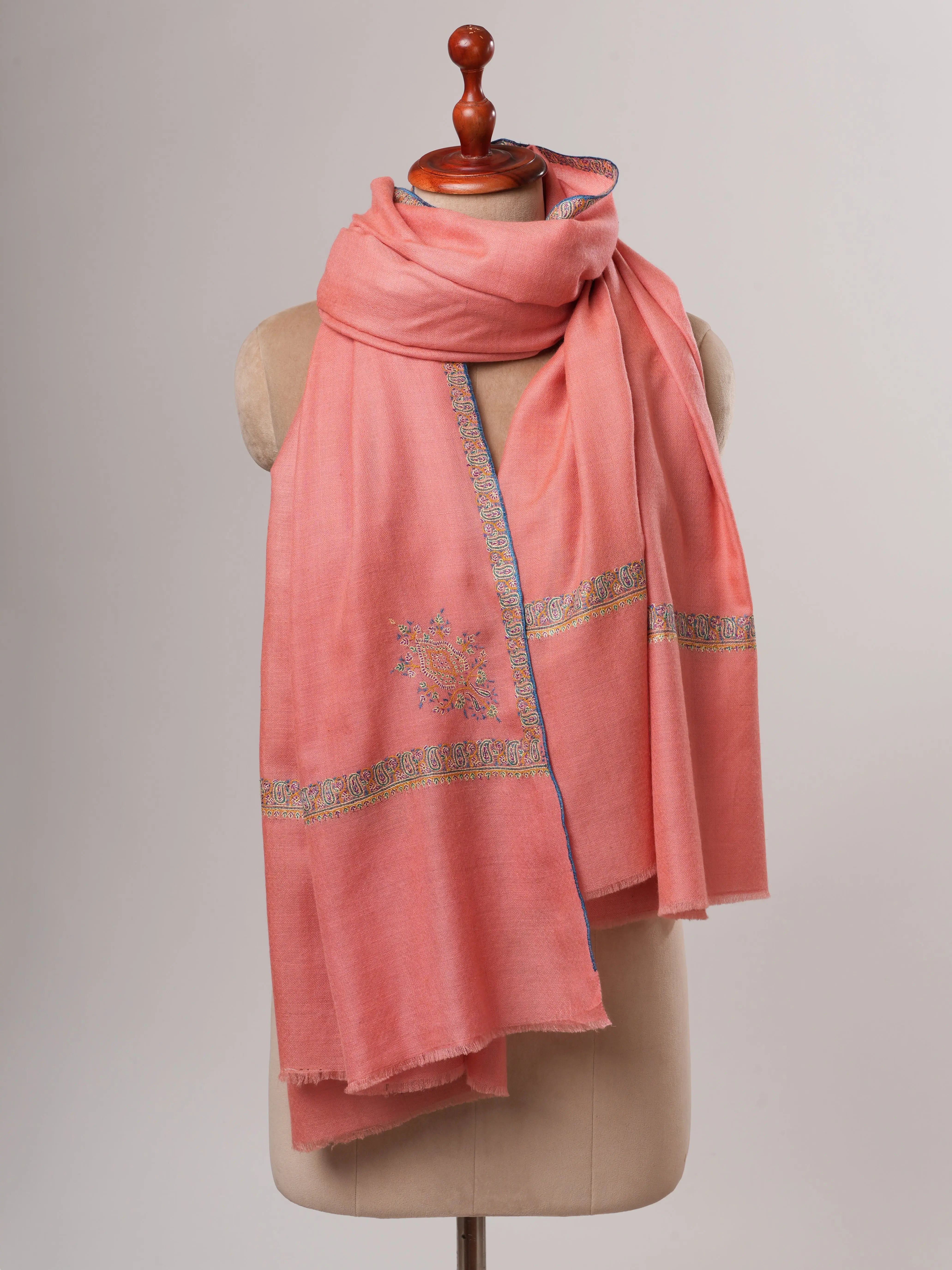 Peach Indian Pashmina Shawl – Hand-Embroidered Hashia Border Shahkaar