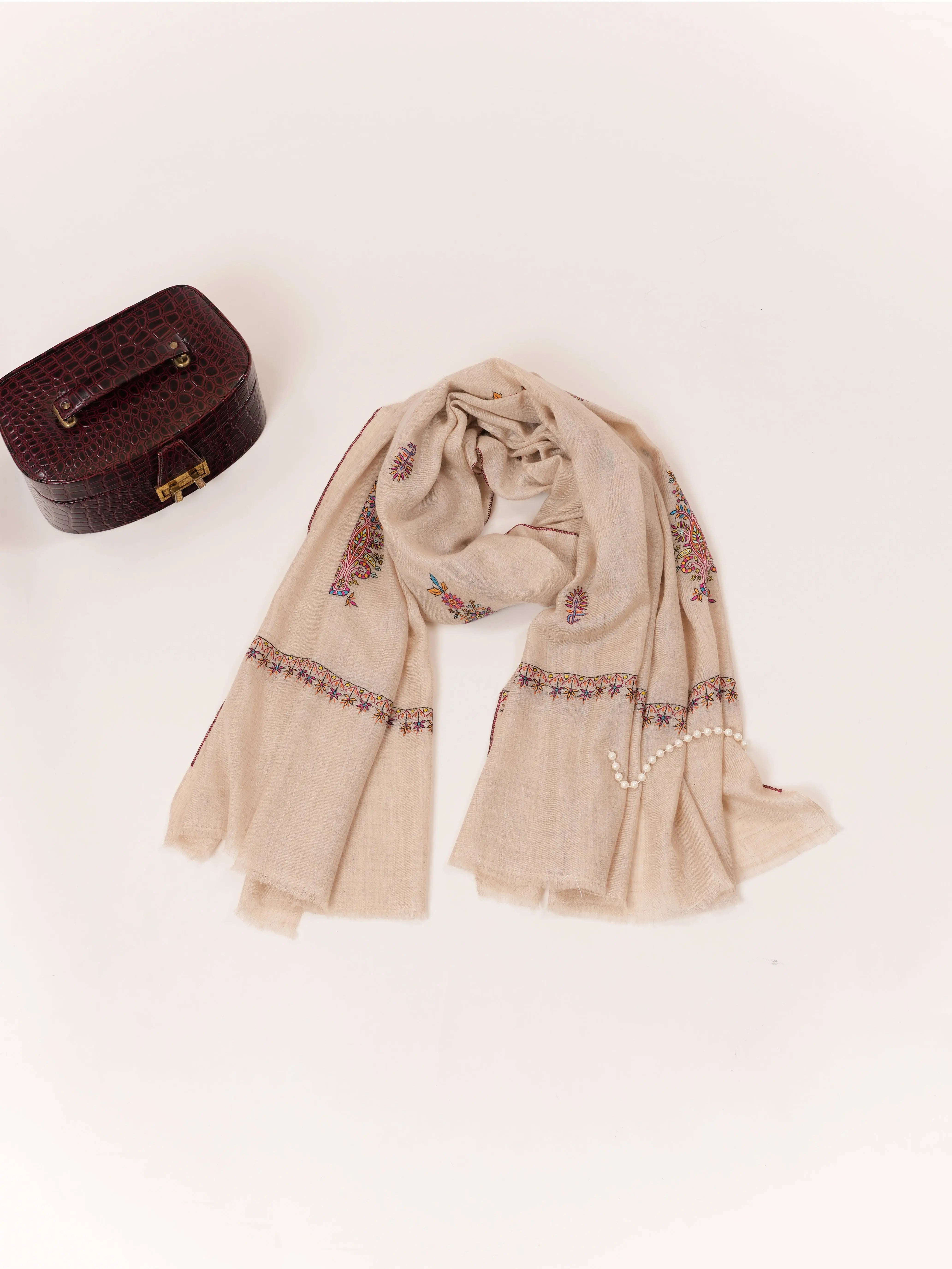 Natural Off White Handwoven Pashmina Shawl with Kashmiri Buteh Hand Embroidery Shahkaar.com
