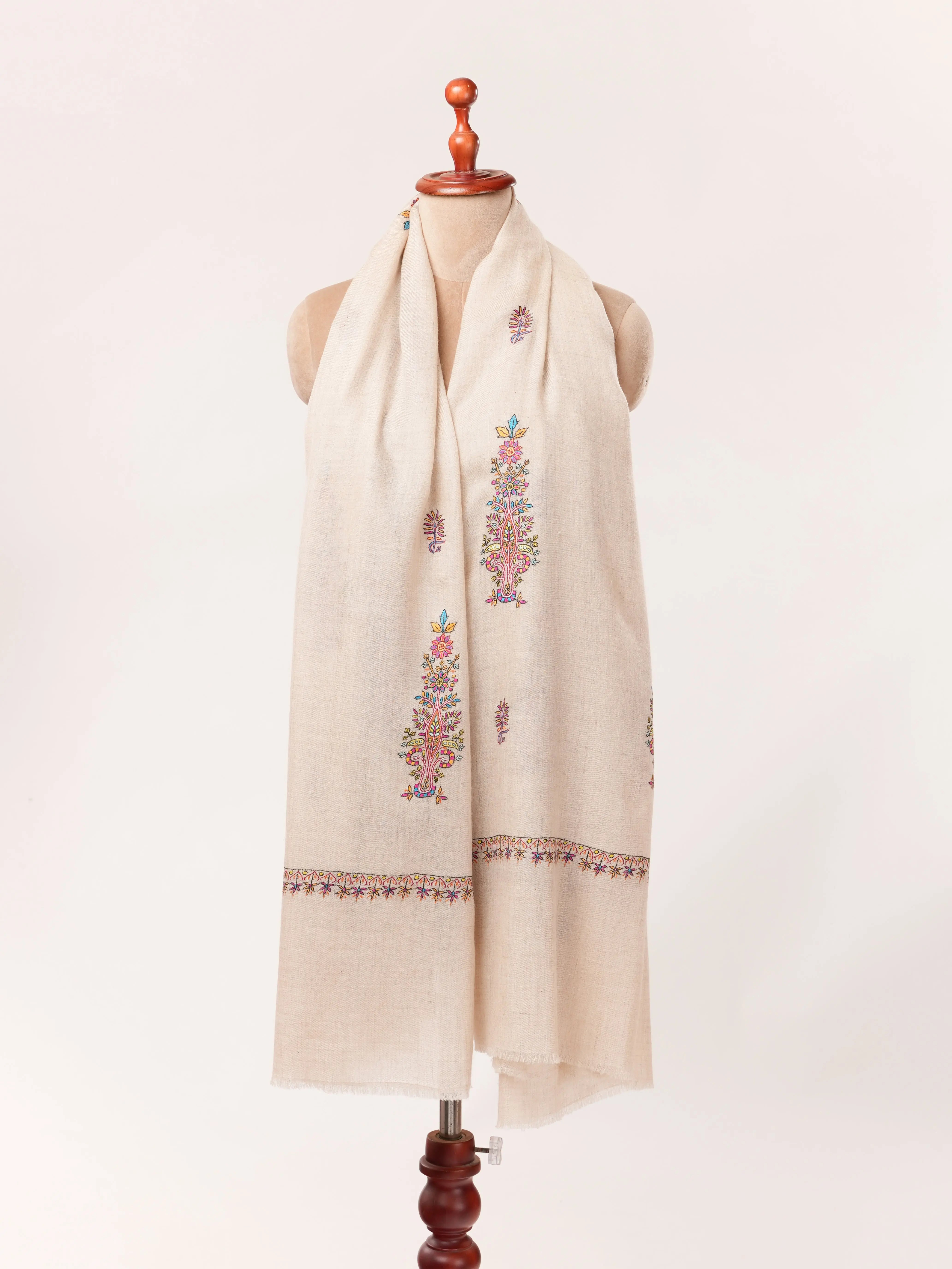 Natural Off White Handwoven Pashmina Shawl with Kashmiri Buteh Hand Embroidery Shahkaar.com