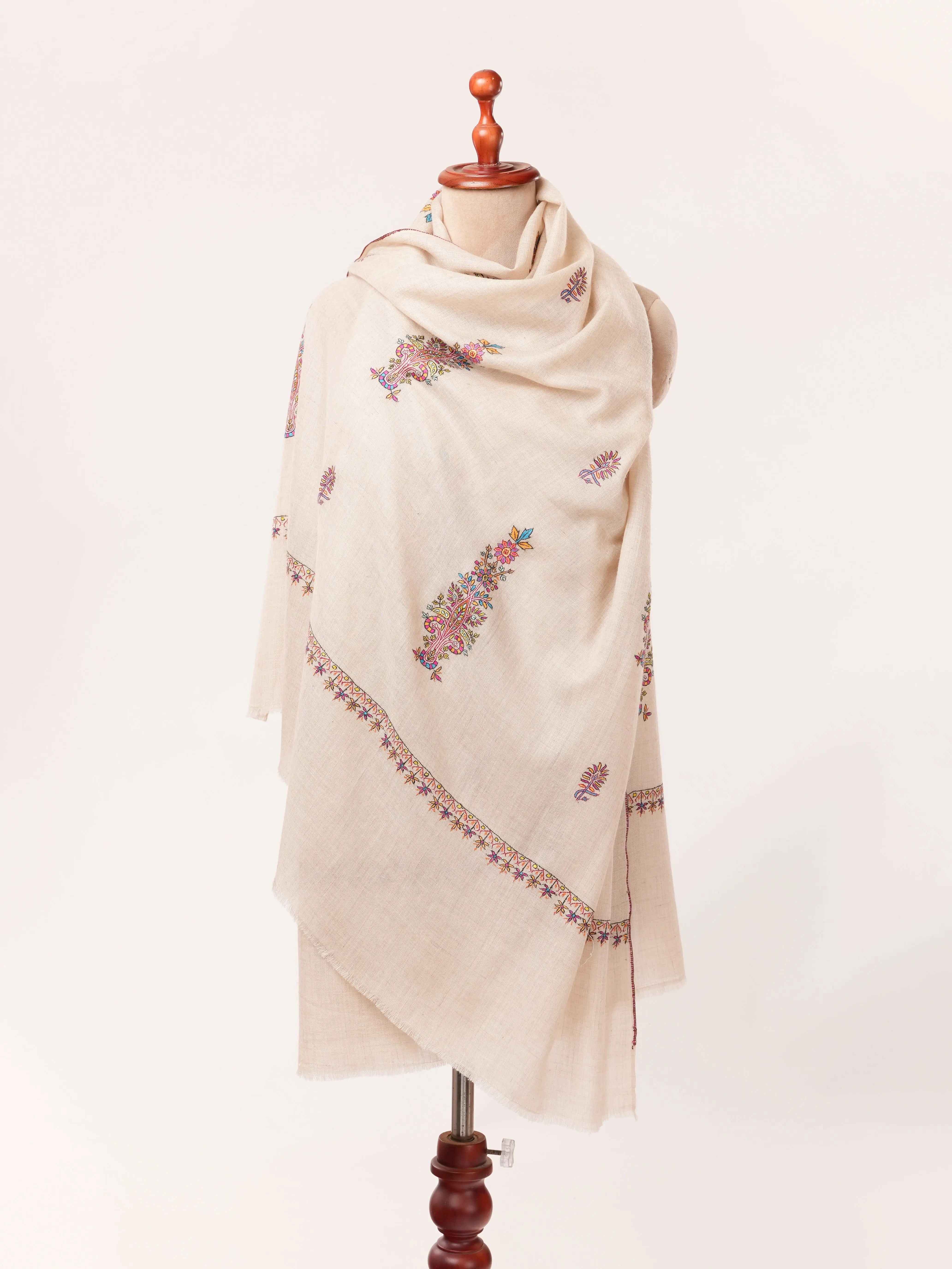 Natural Off White Handwoven Pashmina Shawl with Kashmiri Buteh Hand Embroidery Shahkaar.com