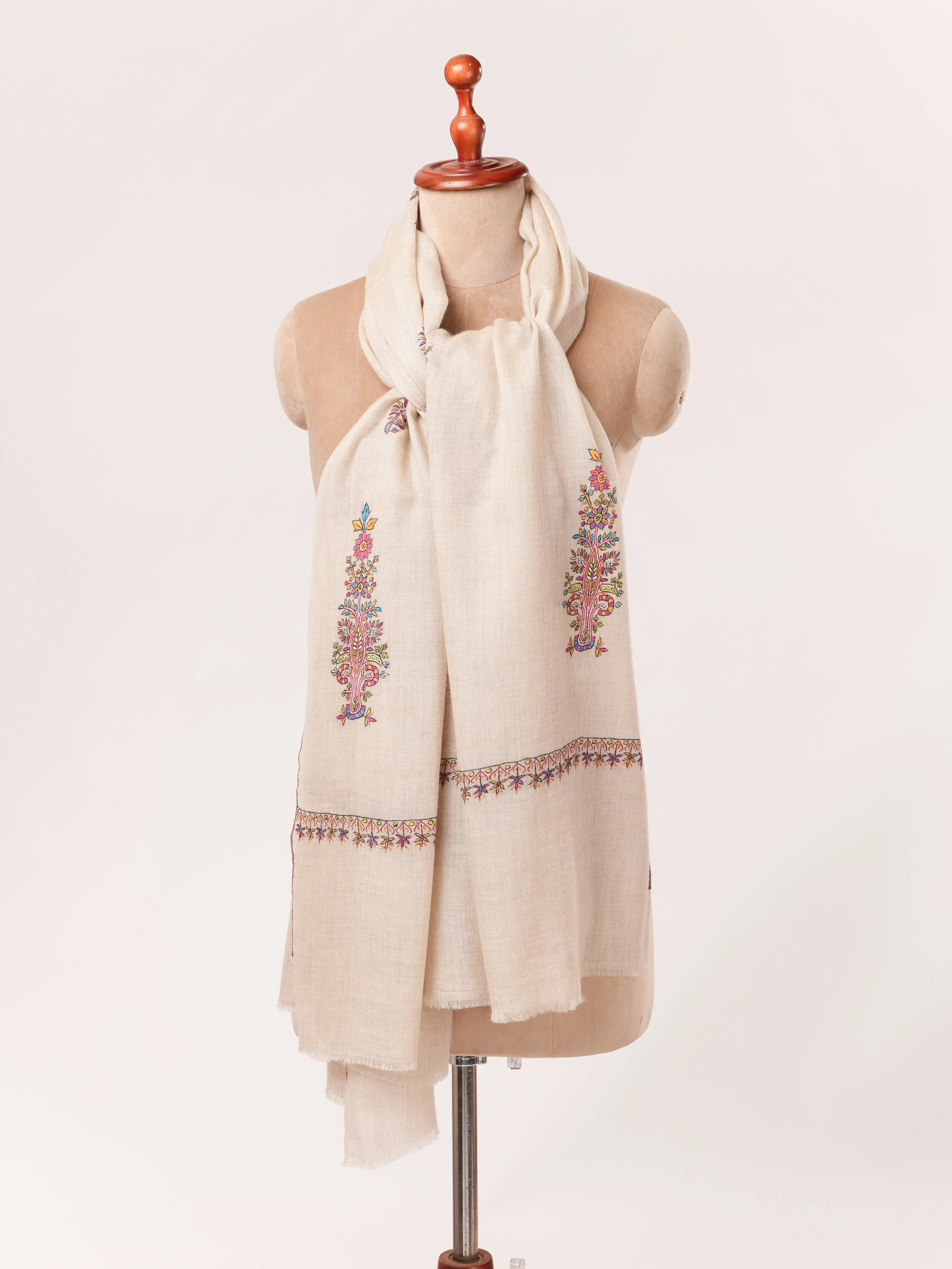 Natural Off White Handwoven Pashmina Shawl with Kashmiri Buteh Hand Embroidery Shahkaar.com