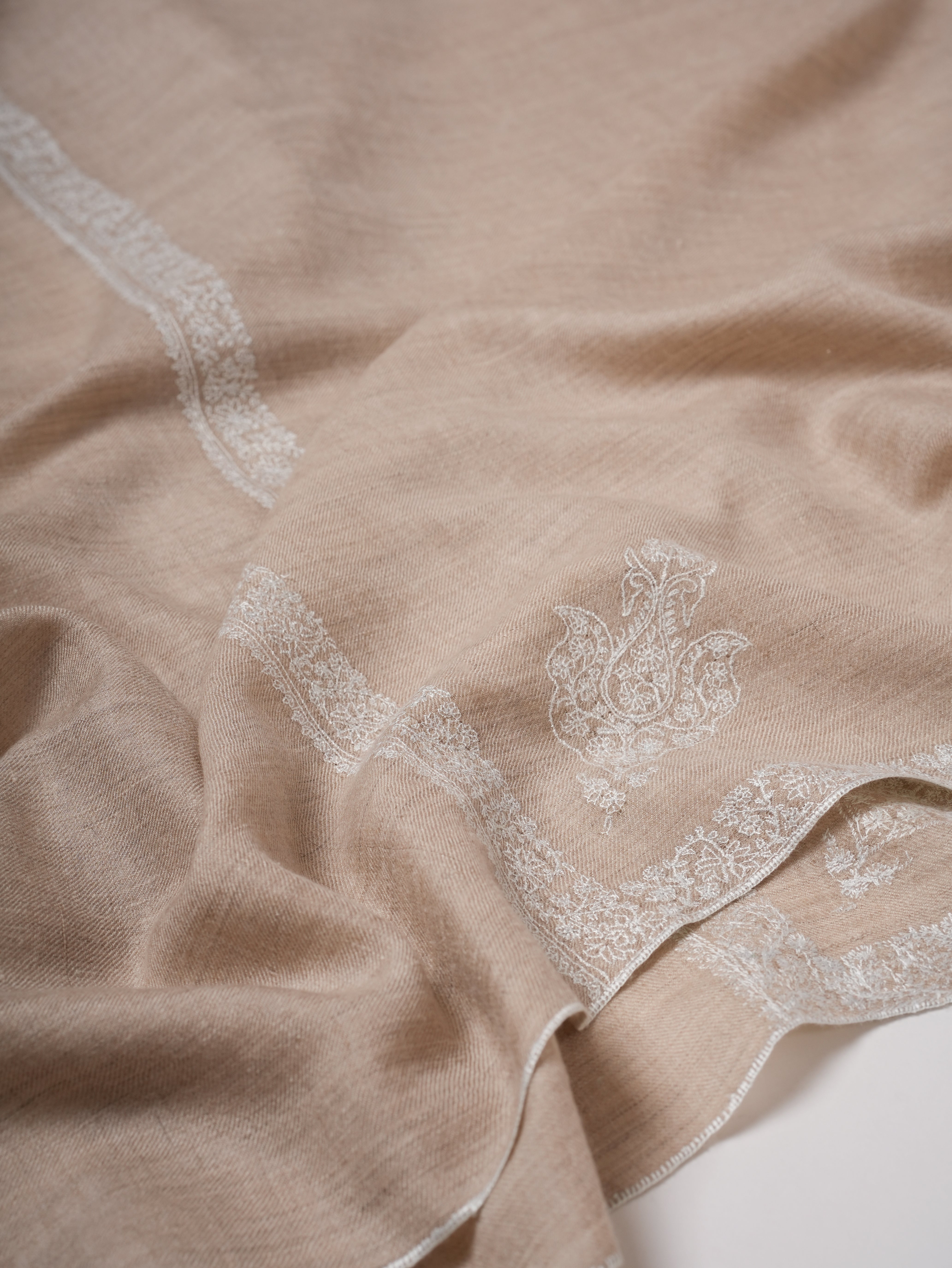 White Sozni Embroidered Pashmina Shawl with Hashia Motifs Shahkaar