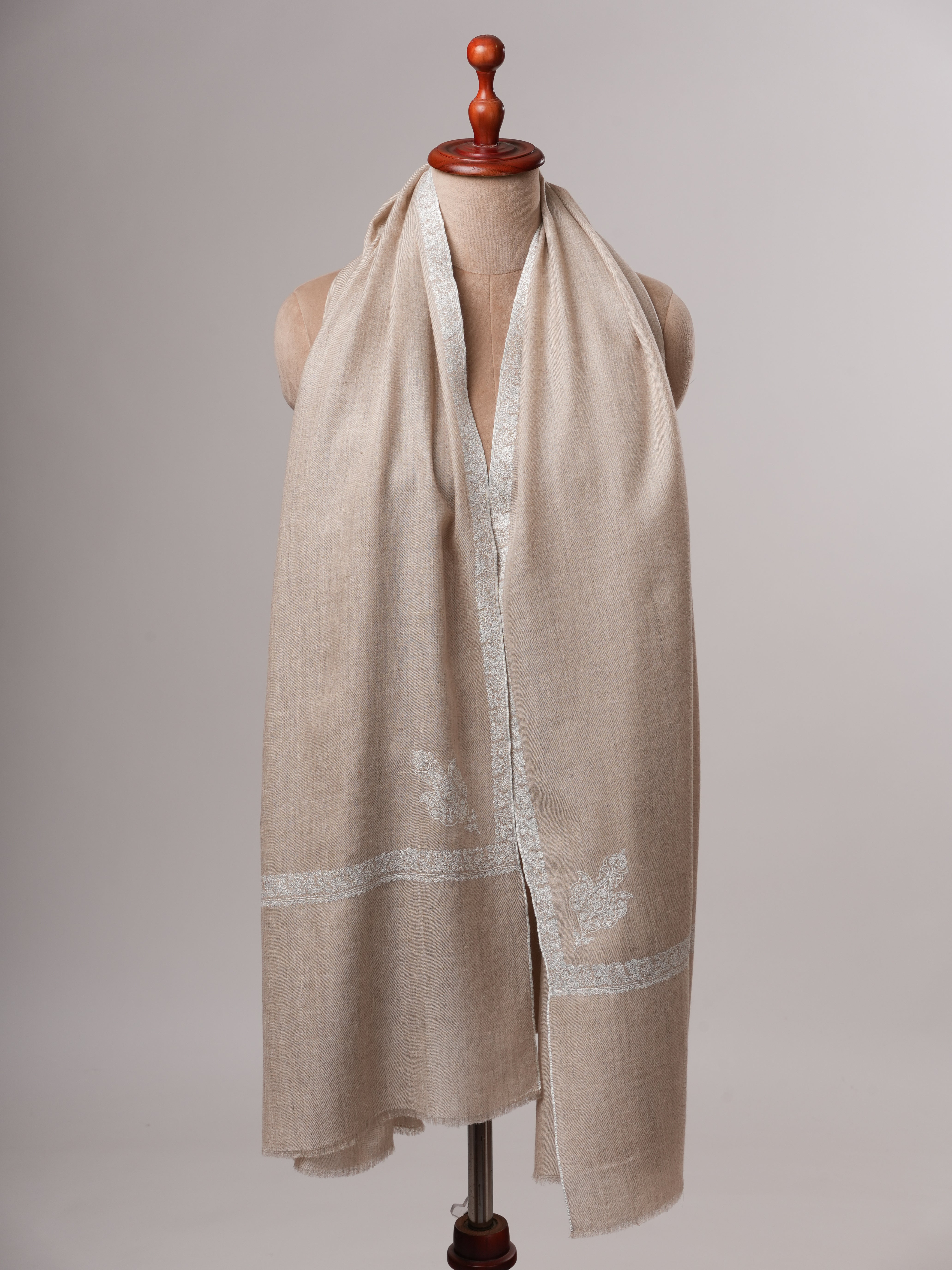 White Sozni Embroidered Pashmina Shawl with Hashia Motifs Shahkaar