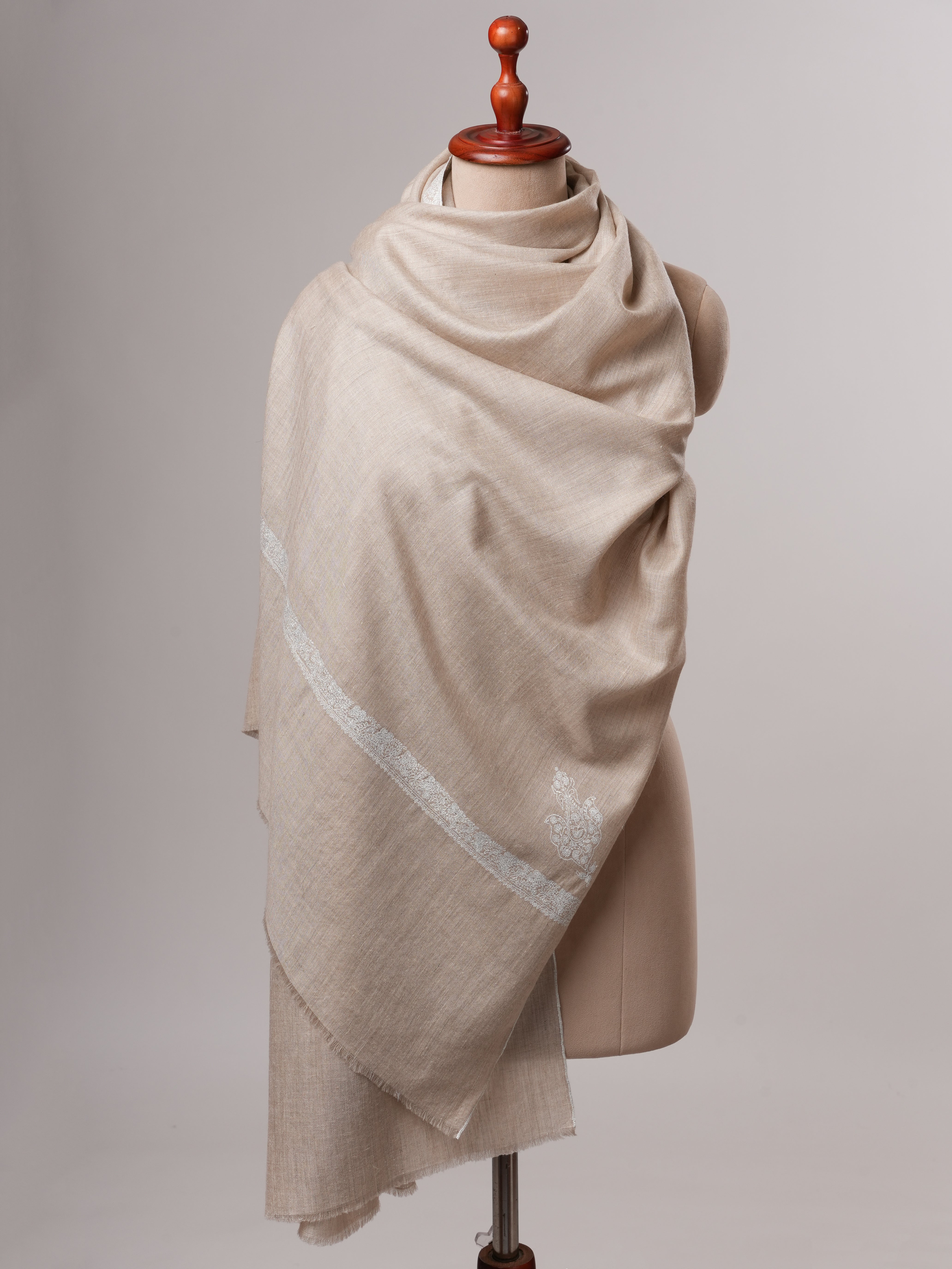 White Sozni Embroidered Pashmina Shawl with Hashia Motifs Shahkaar