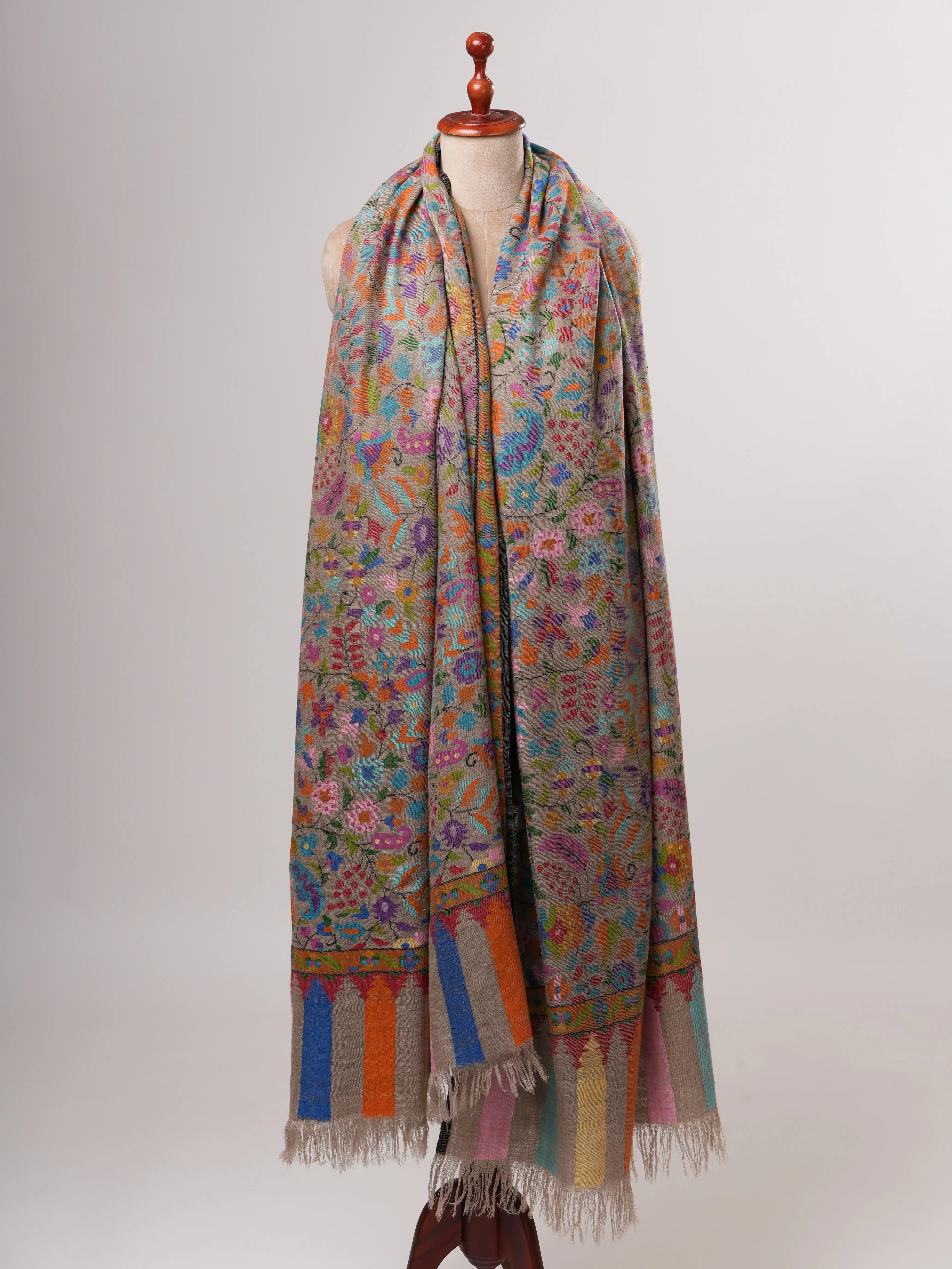 Natural Grey Oversized Kani Pashmina Wrap with Multicolor Motifs Shahkaar