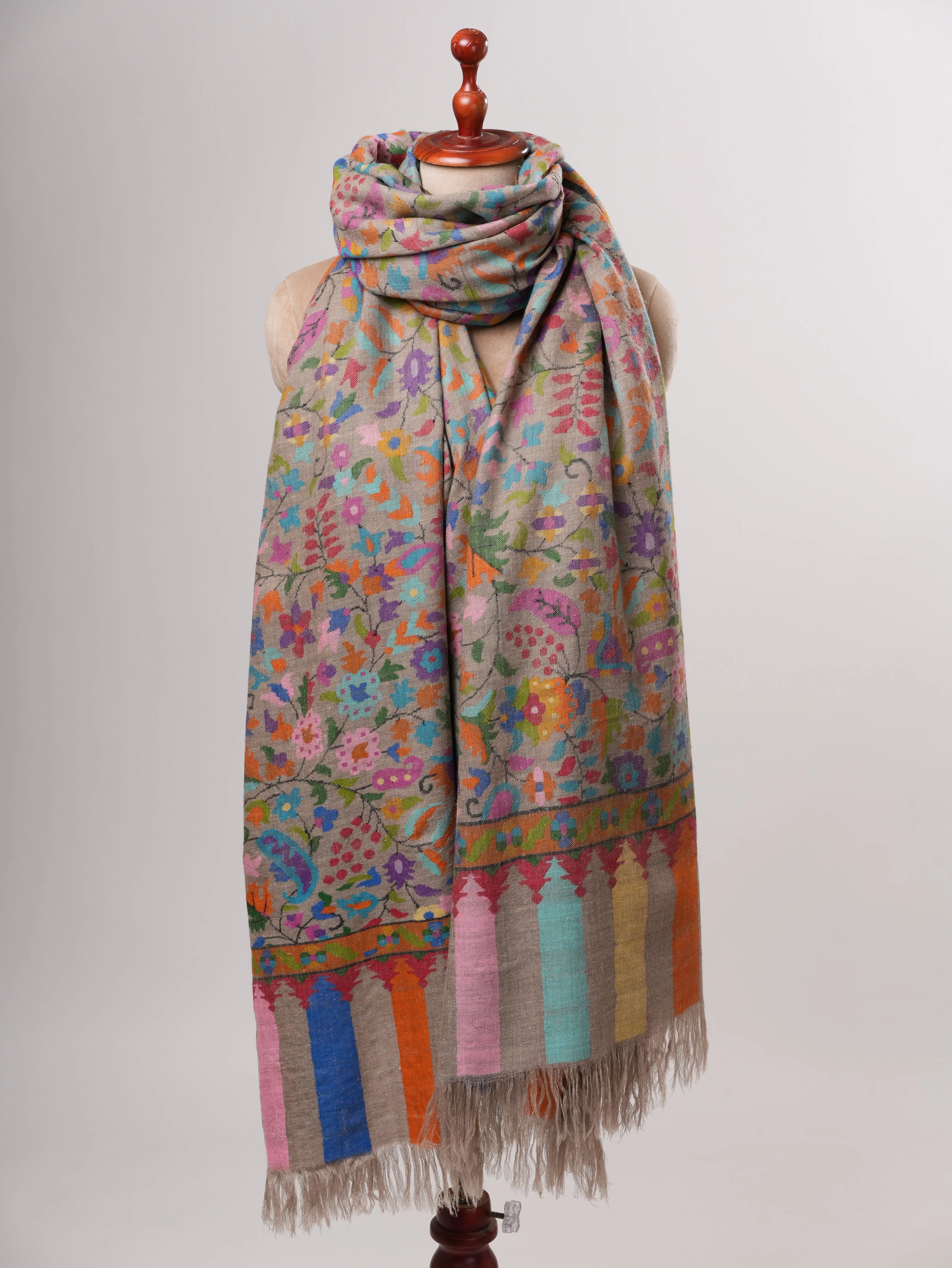 Natural Grey Oversized Kani Pashmina Wrap with Multicolor Motifs Shahkaar