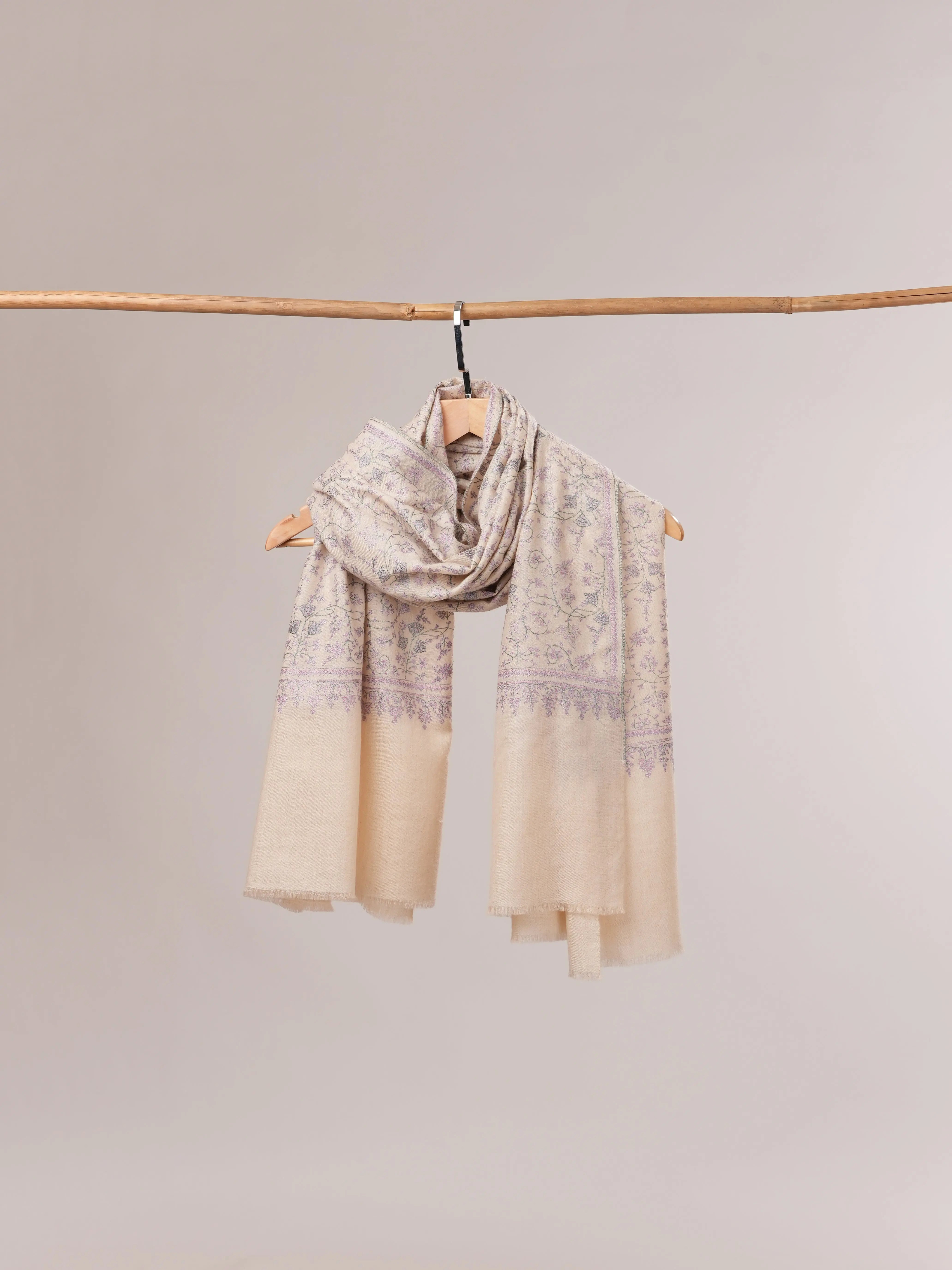 White Jali Pure Pashmina Shawl Embroidered Using Kashmiri Mulberry Silk Shahkaar.com
