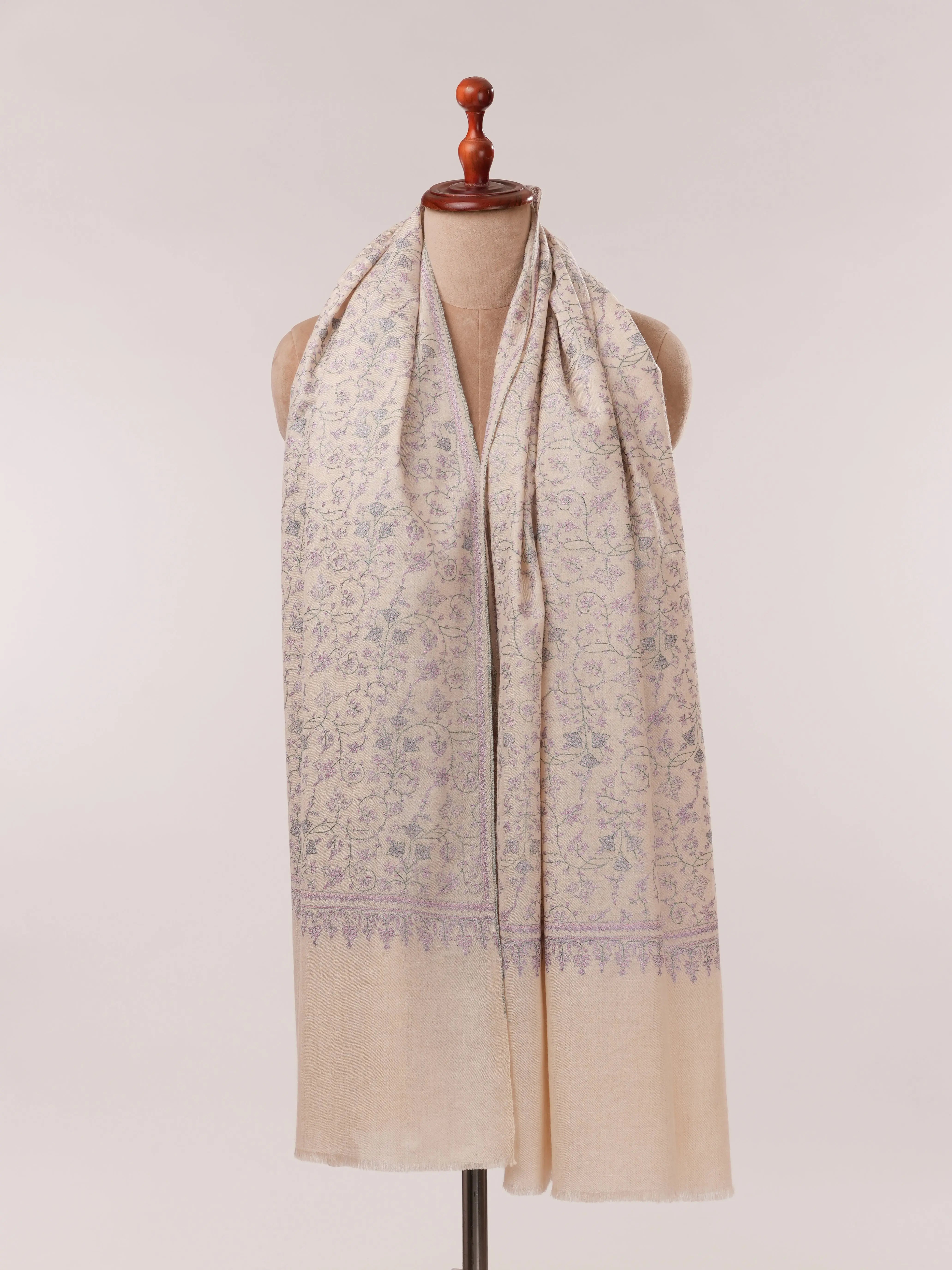 White Jali Pure Pashmina Shawl Embroidered Using Kashmiri Mulberry Silk Shahkaar.com