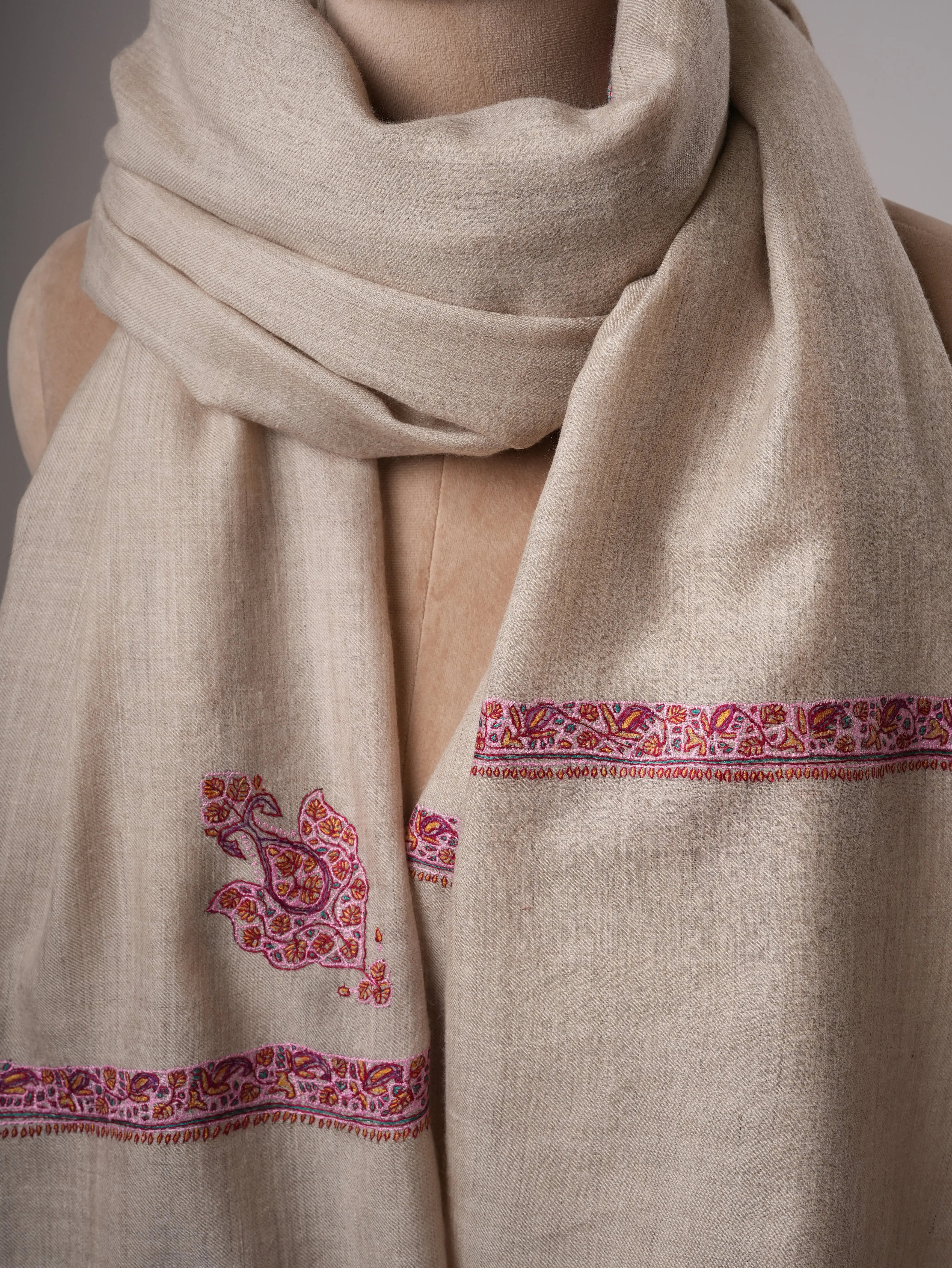 Natural Grey Hashia Sozni Embroidered Pashmina Shawl Shahkaar