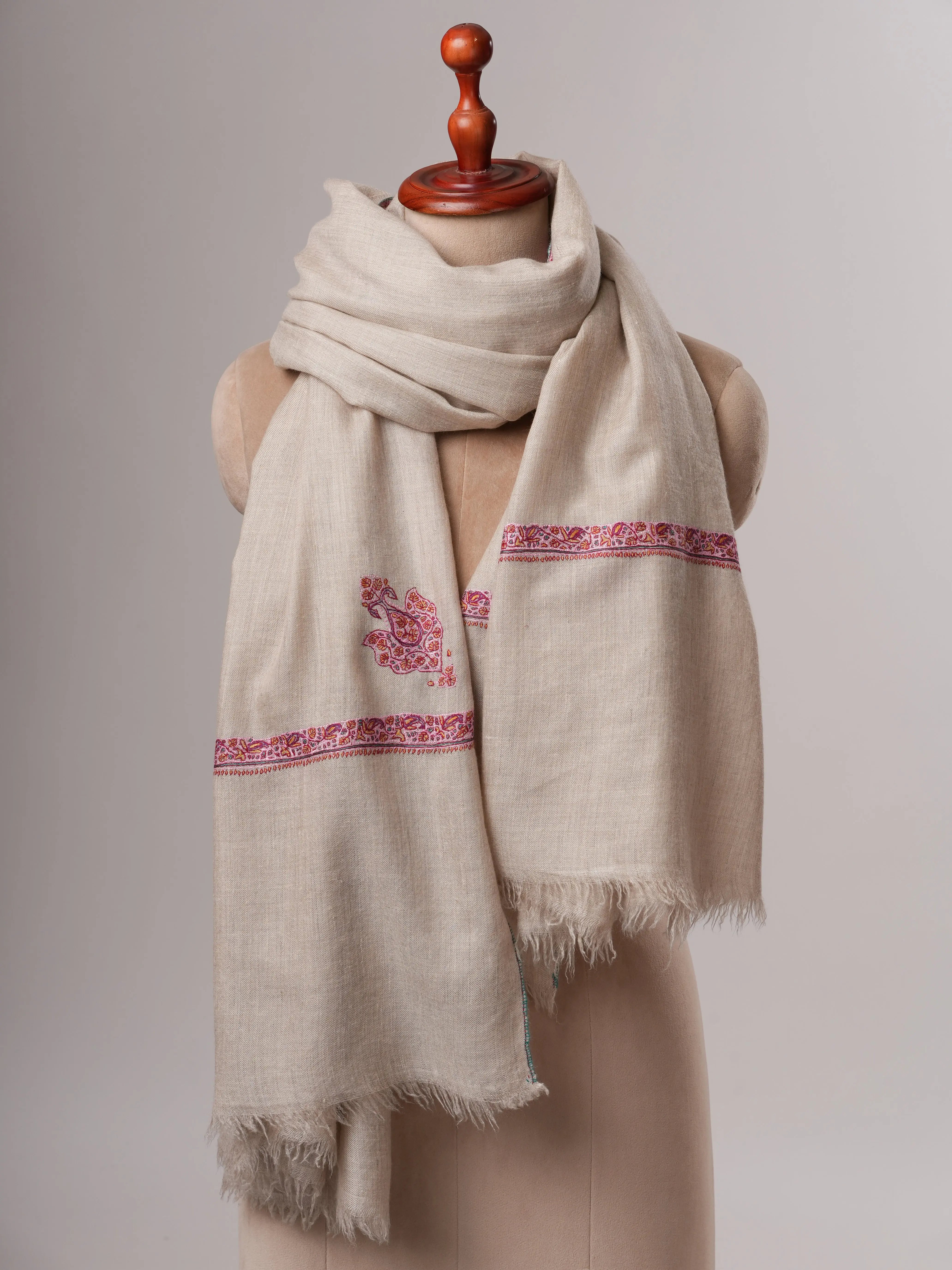 Natural Grey Hashia Sozni Embroidered Pashmina Shawl Shahkaar