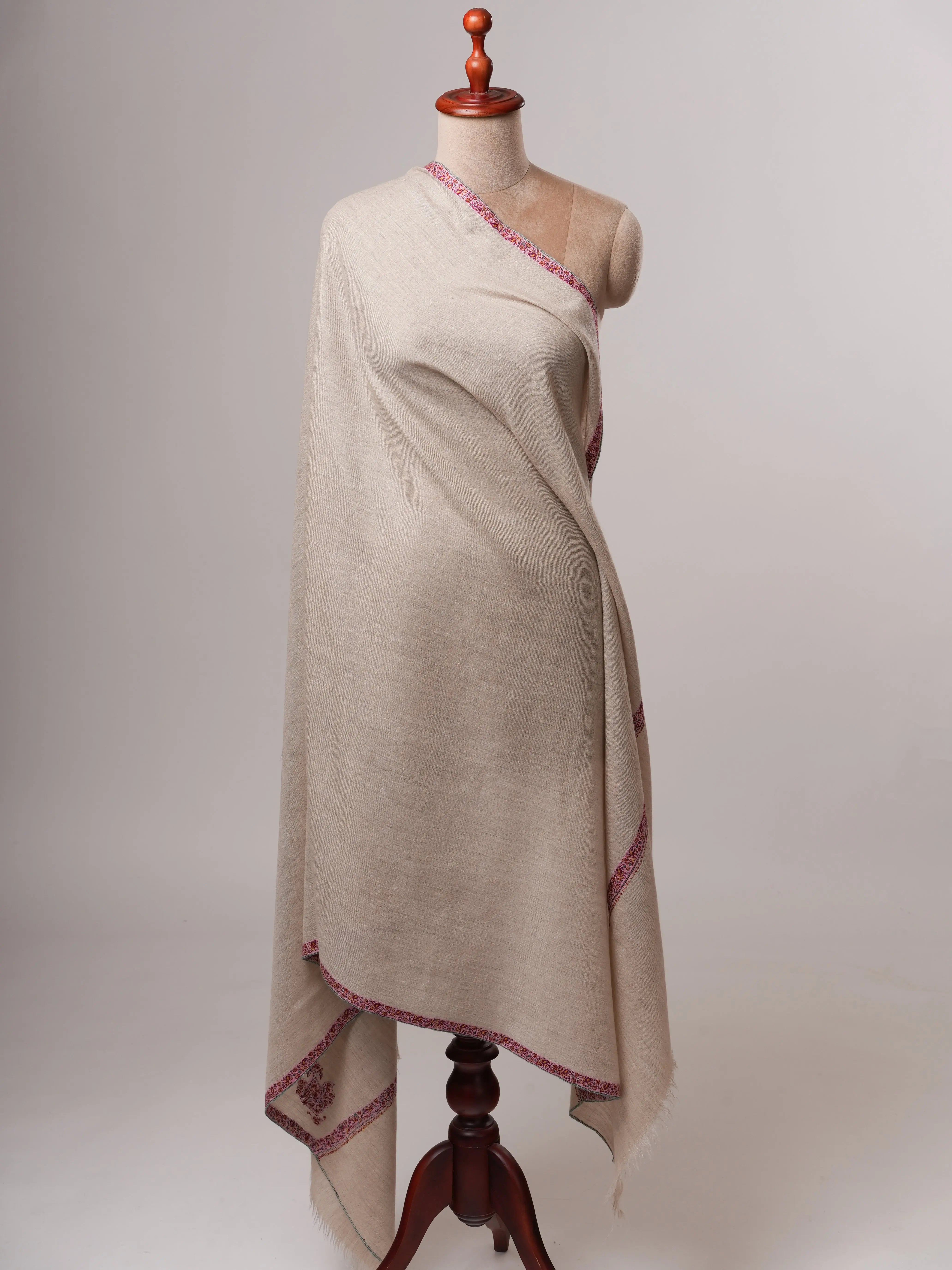 Natural Grey Hashia Sozni Embroidered Pashmina Shawl Shahkaar