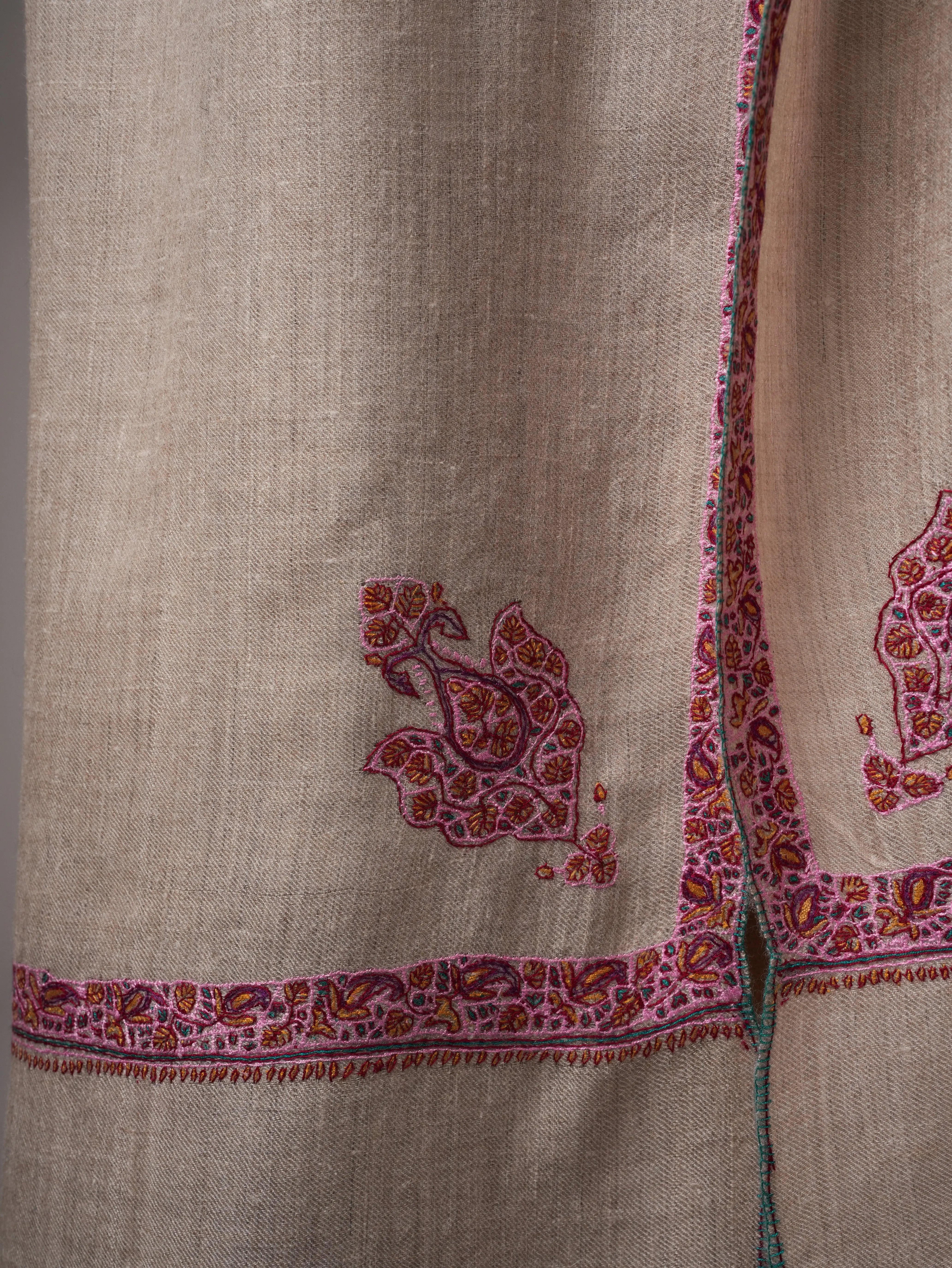 Natural Grey Hashia Sozni Embroidered Pashmina Shawl Shahkaar