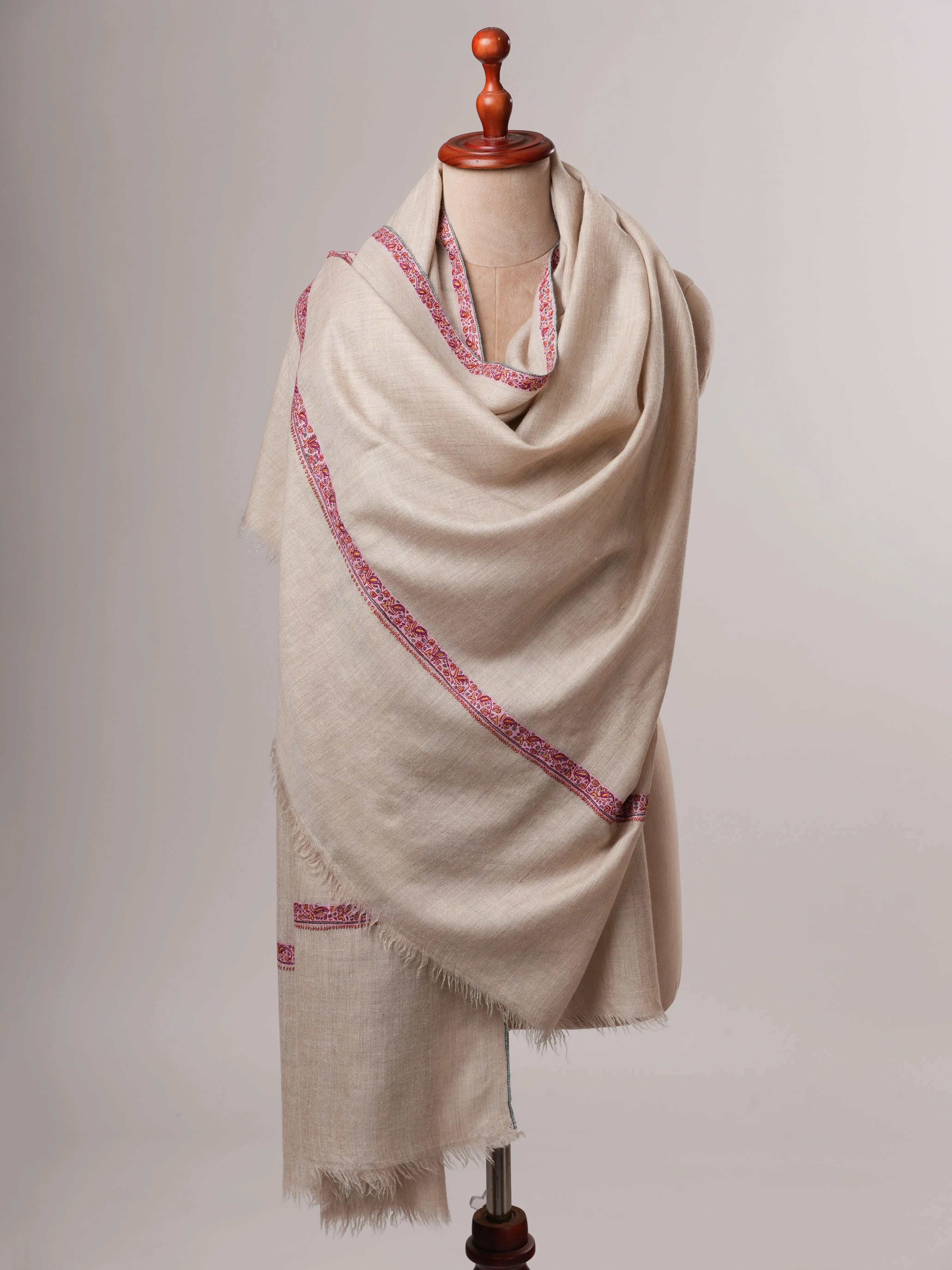 Natural Grey Hashia Sozni Embroidered Pashmina Shawl Shahkaar