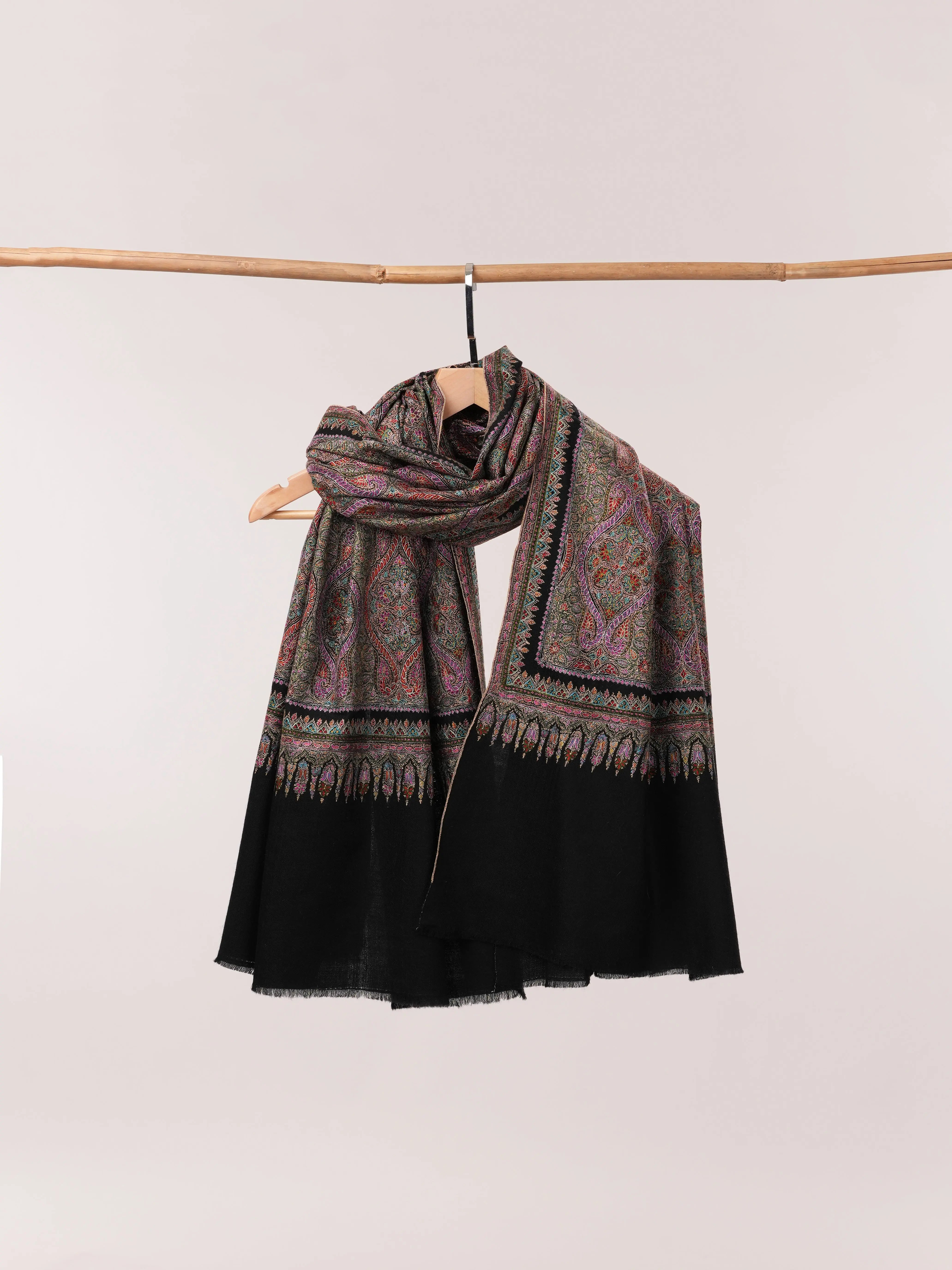 Black Pure Pashmina Shawl with Fine Silk Hand Embroidery in Jamavar Motif Shahkaar.com