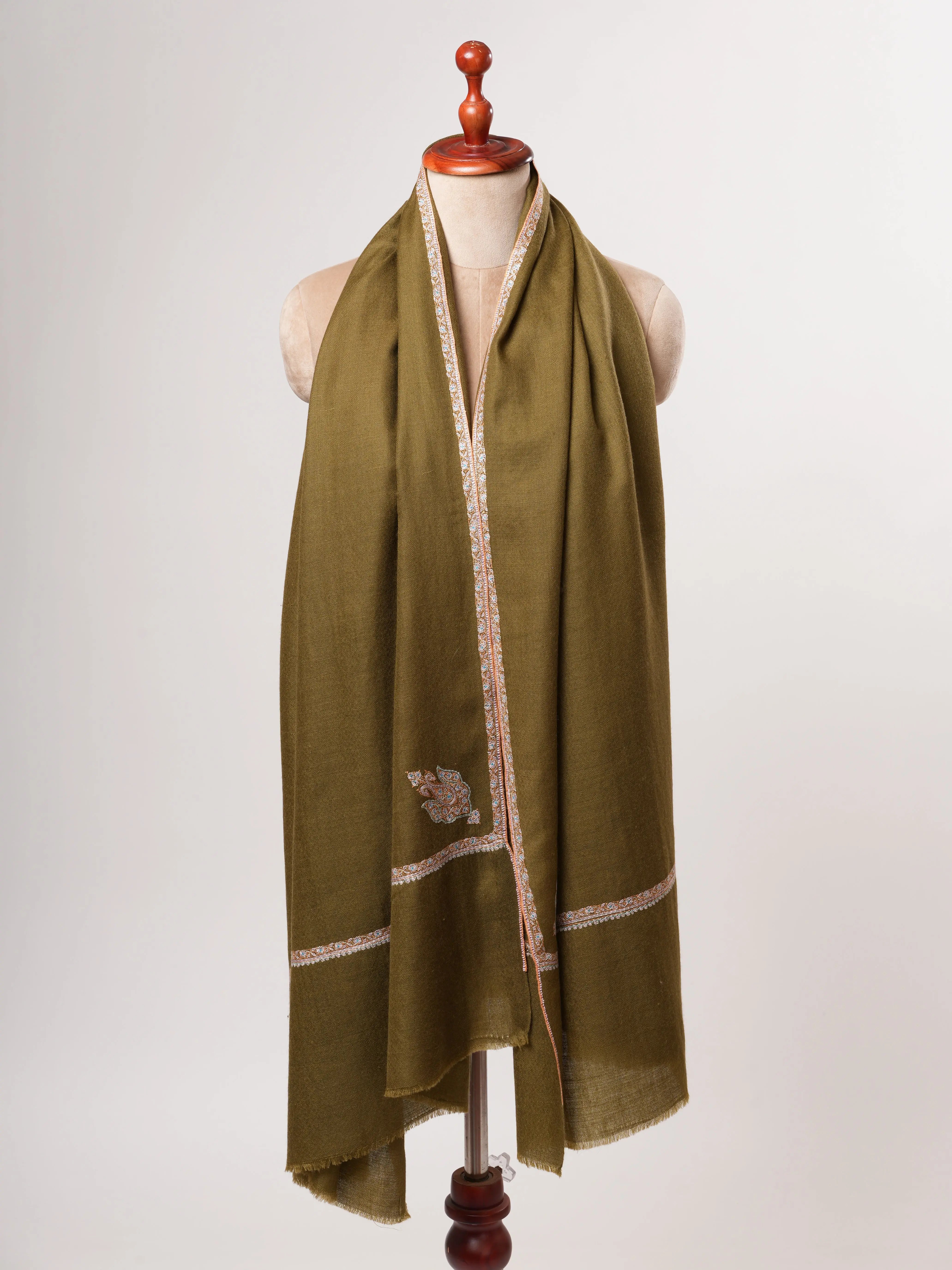 Olive Bail Hand Embroidered Kashmiri Pashmina Shawl – Soft Luxurious Wrap Shahkaar
