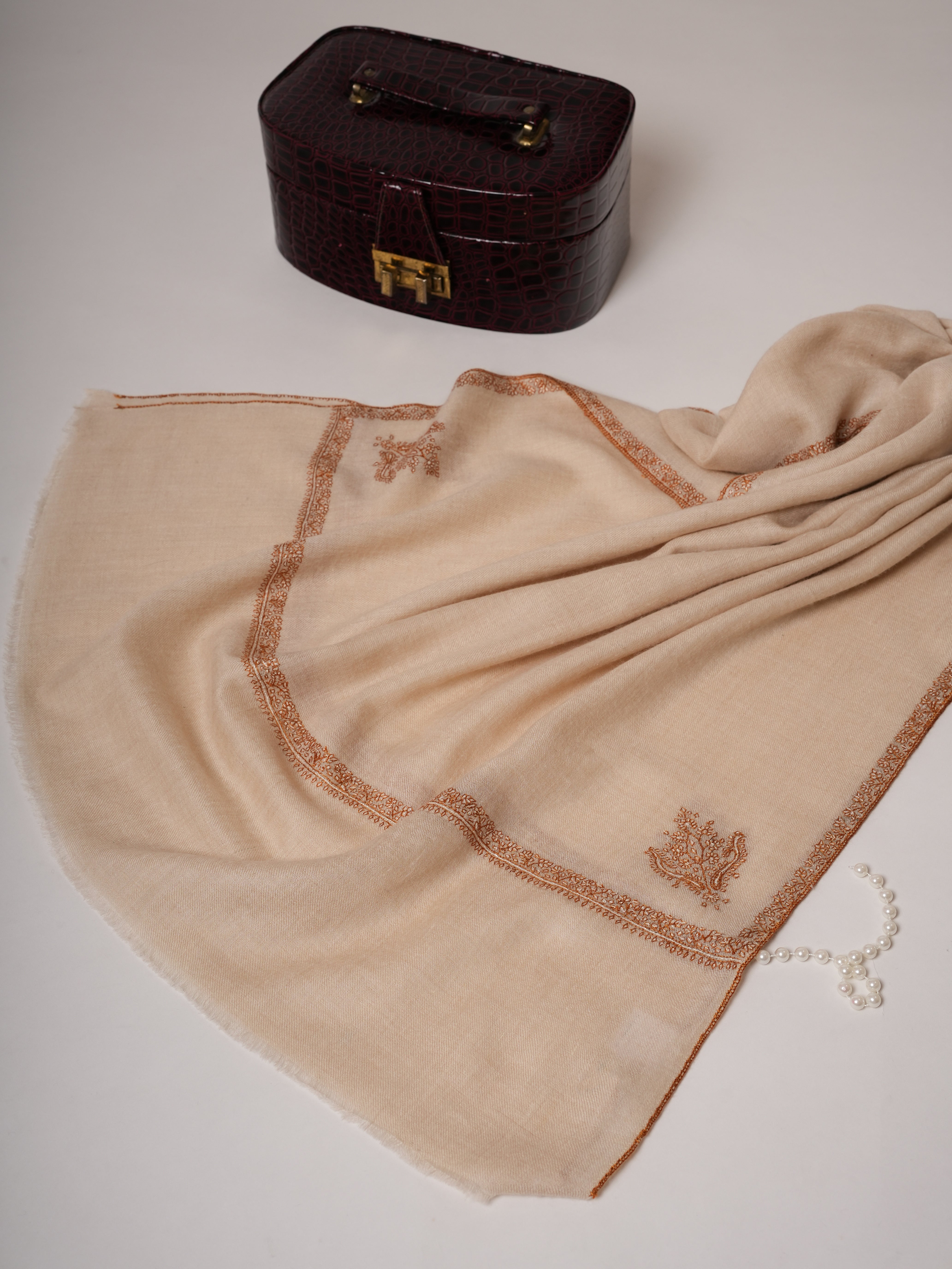 Natural White Bail Embroidered Handwoven Cashmere Scarf Shahkaar