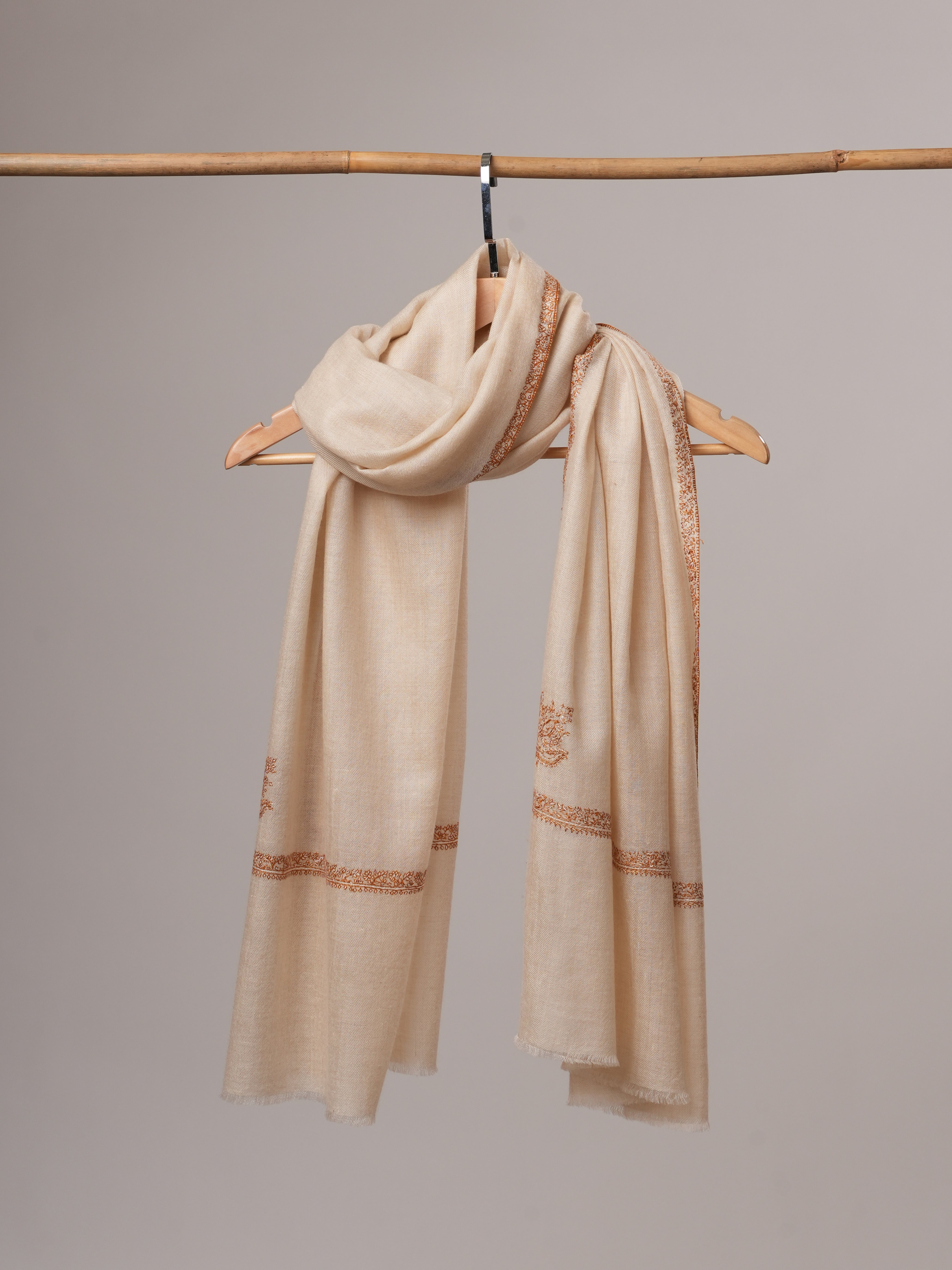 Natural White Bail Embroidered Handwoven Cashmere Scarf Shahkaar