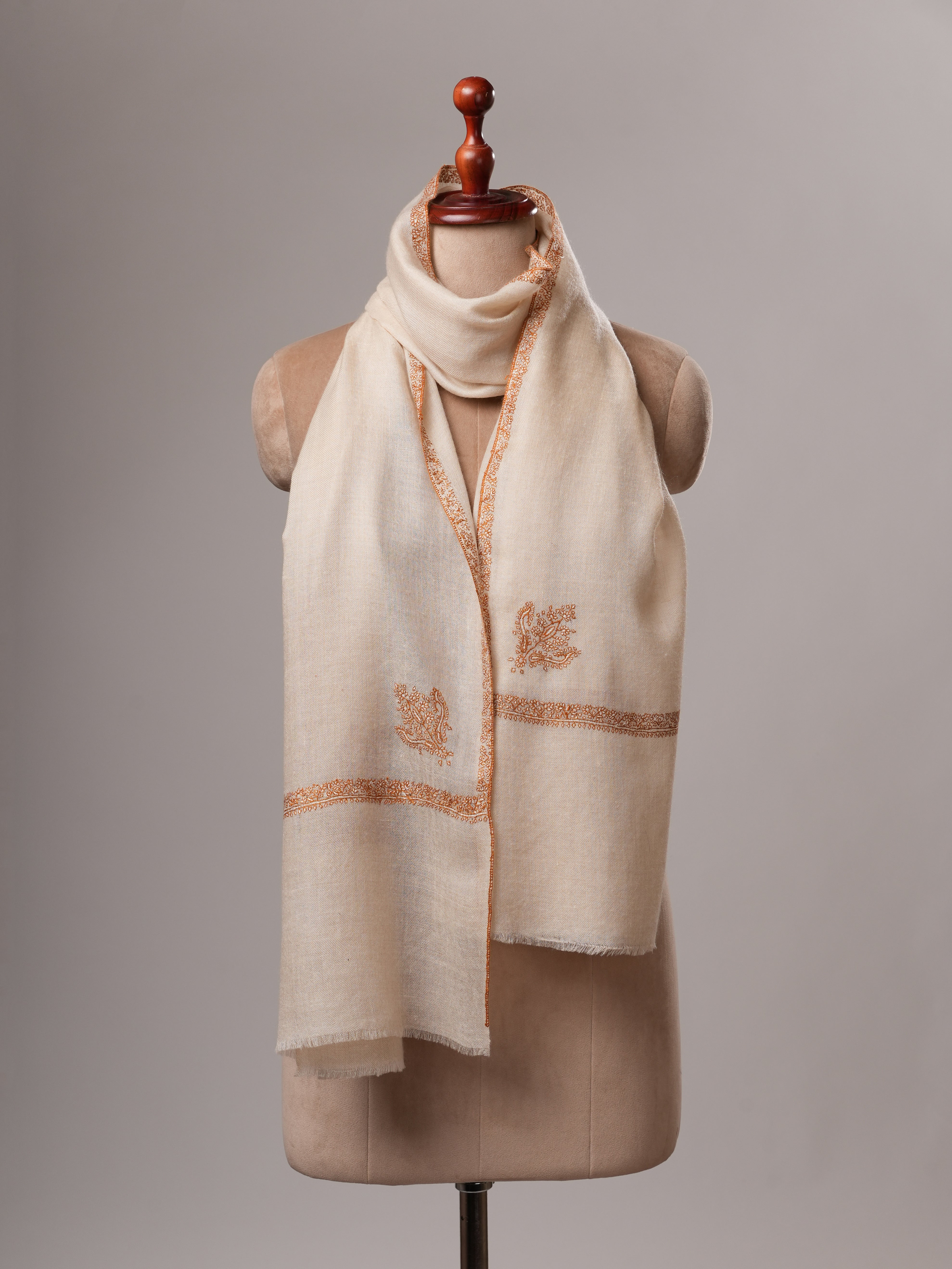 Natural White Bail Embroidered Handwoven Cashmere Scarf Shahkaar