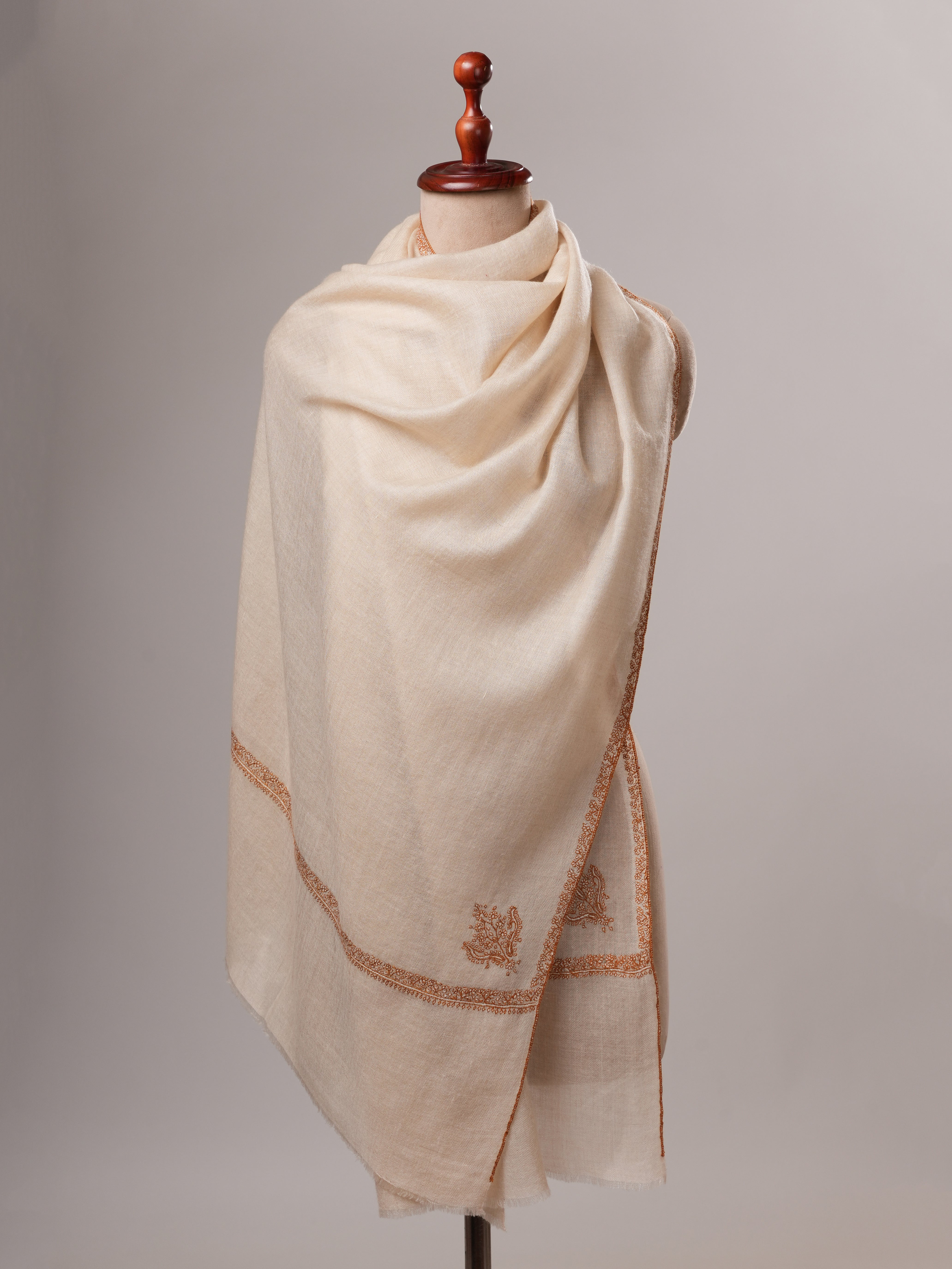Natural White Bail Embroidered Handwoven Cashmere Scarf Shahkaar