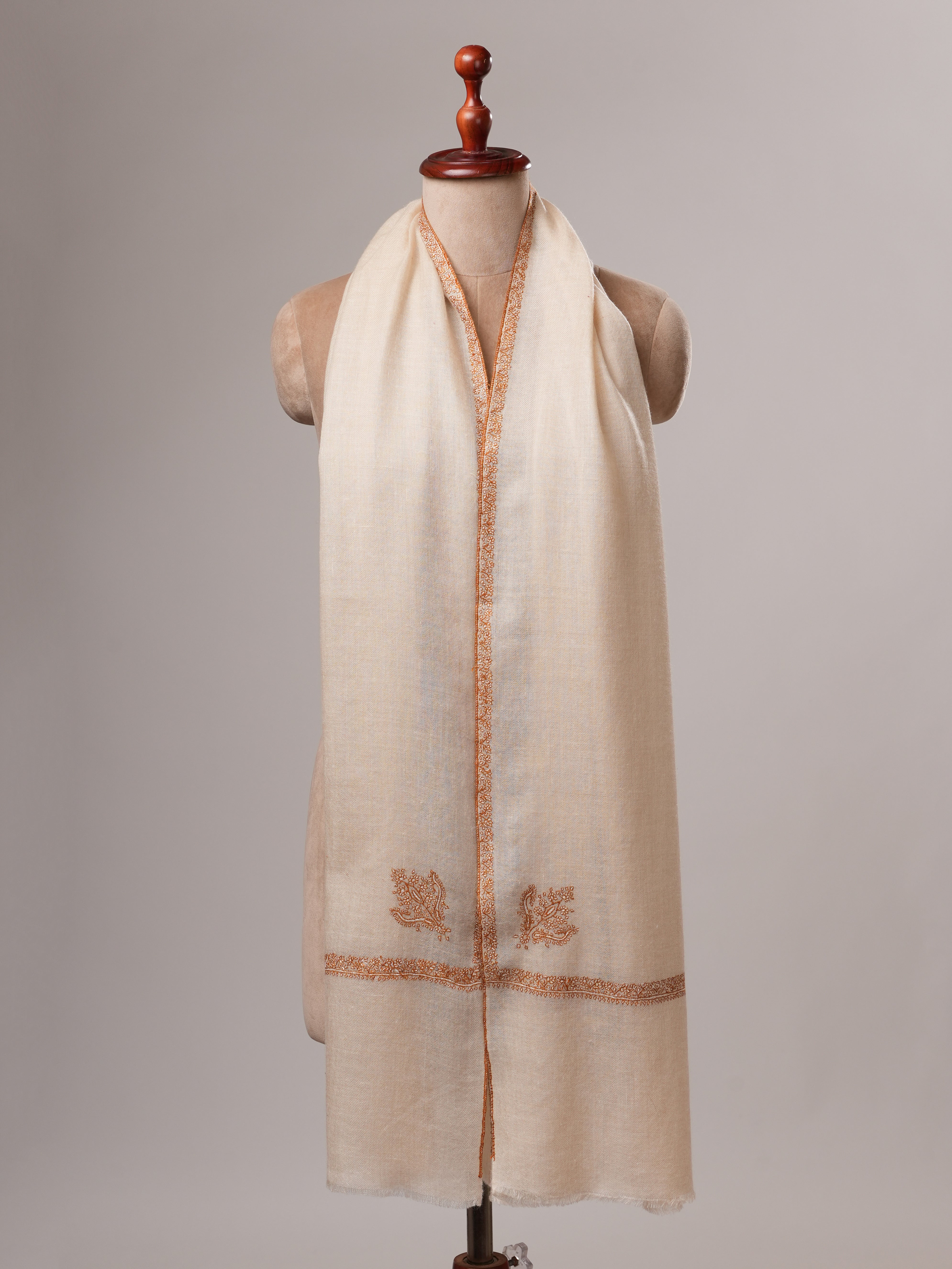 Natural White Bail Embroidered Handwoven Cashmere Scarf Shahkaar