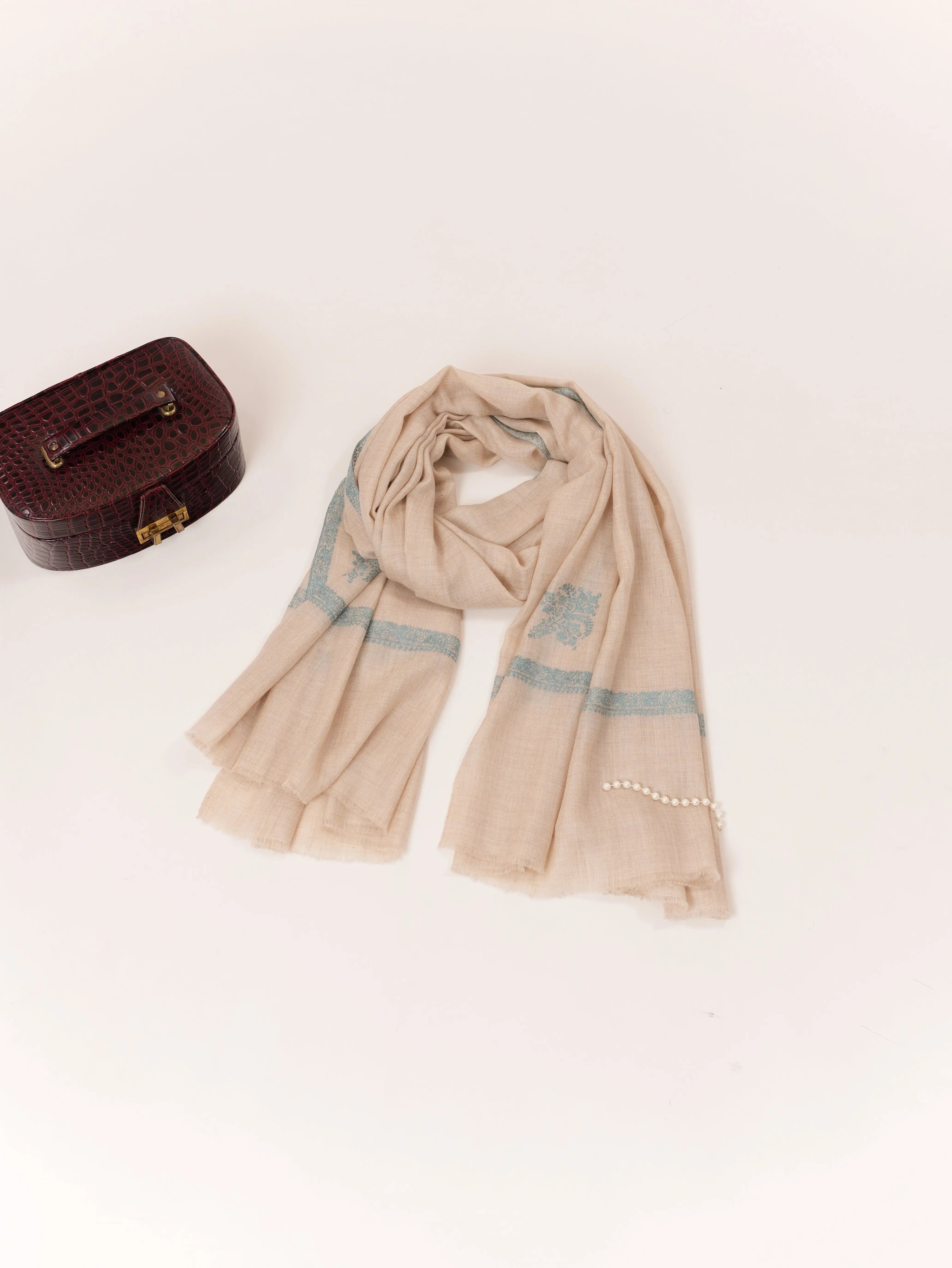 Kashmiri Natural Off White Handwoven Pashmina Shawl with Kashmiri Sozni Buteh Embroidery Shahkaar.com