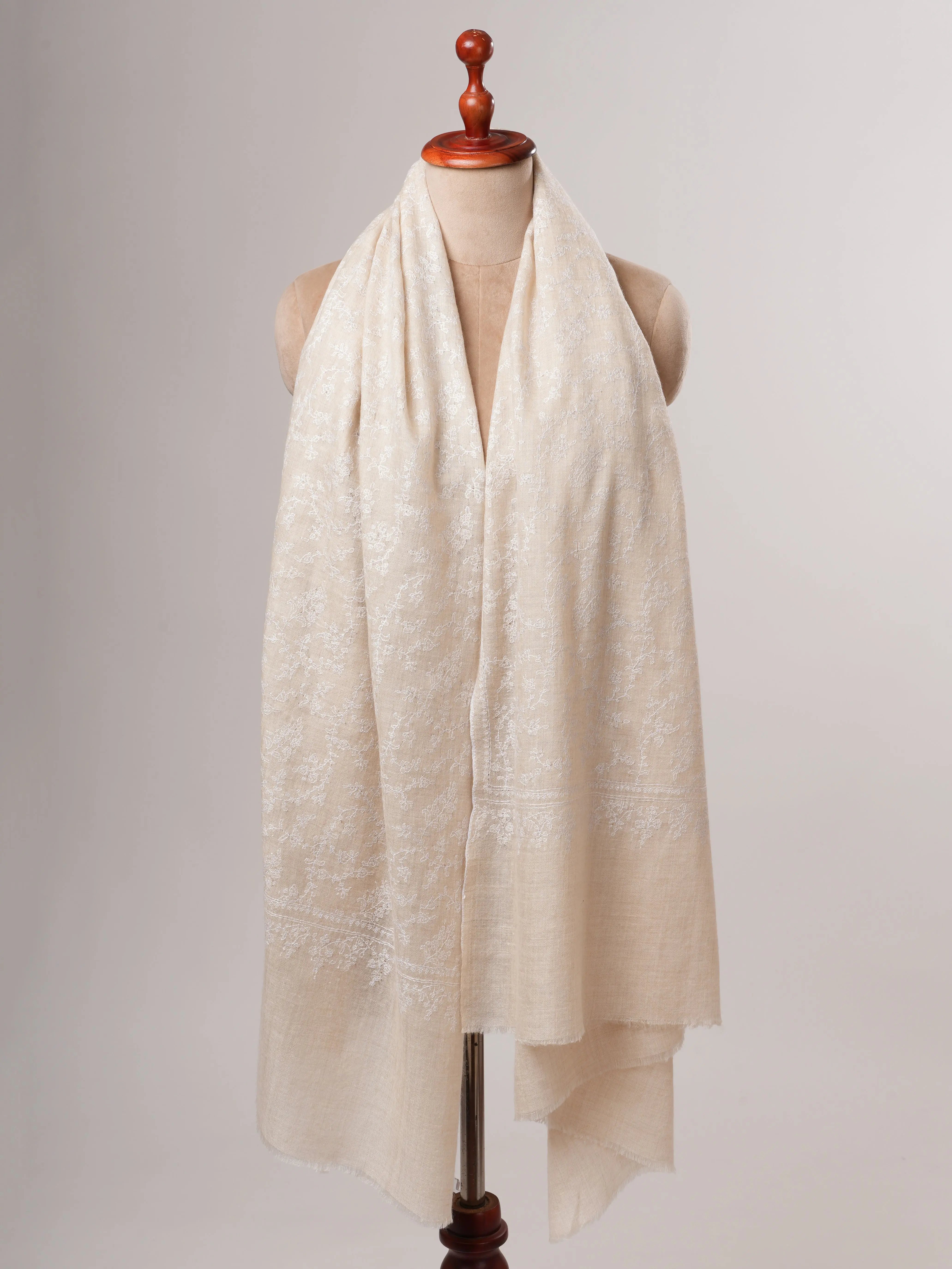 Ivory Pashmina Shawl with Jali White Embroidery Shahkaar