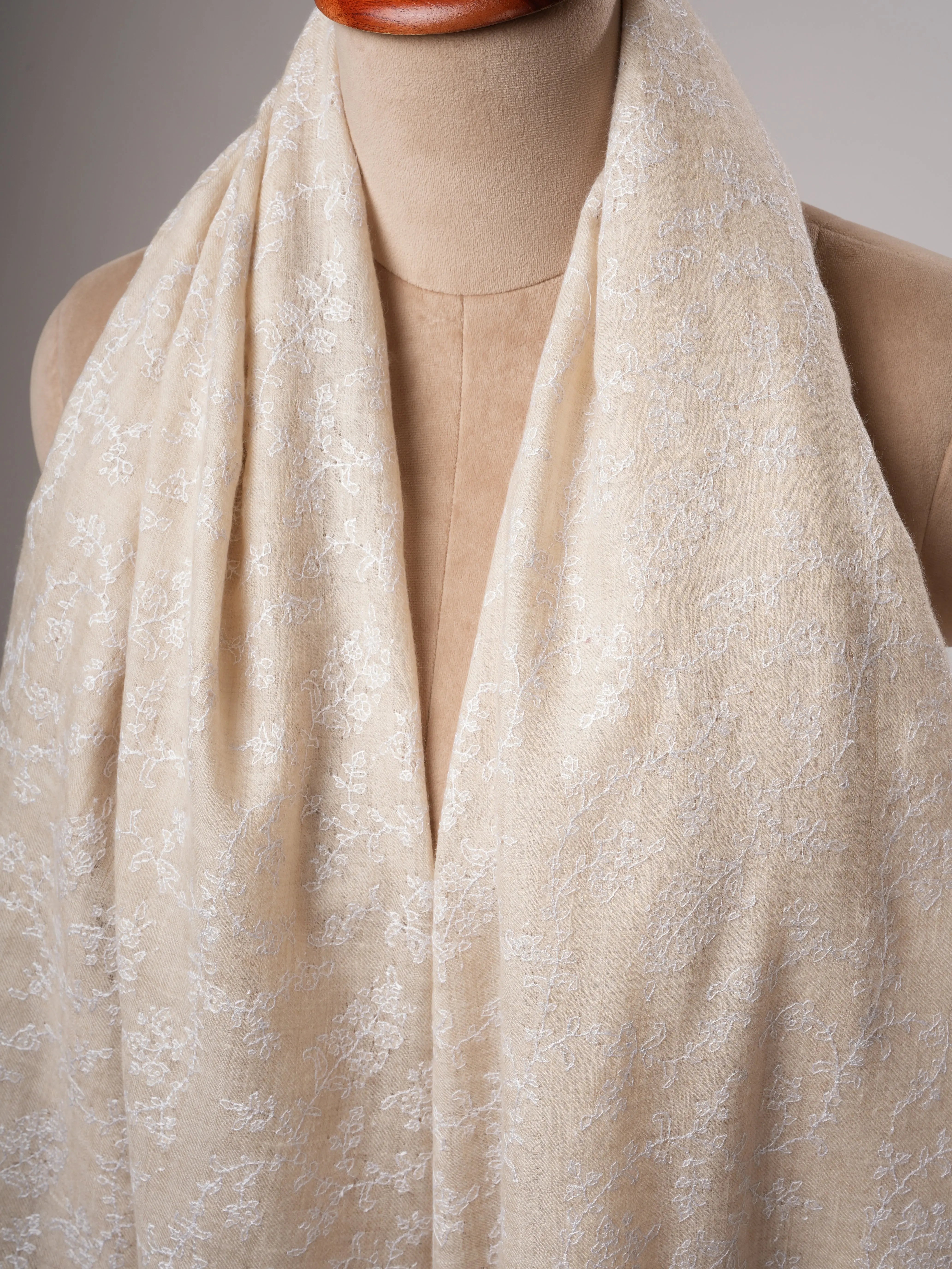 Ivory Pashmina Shawl with Jali White Embroidery Shahkaar