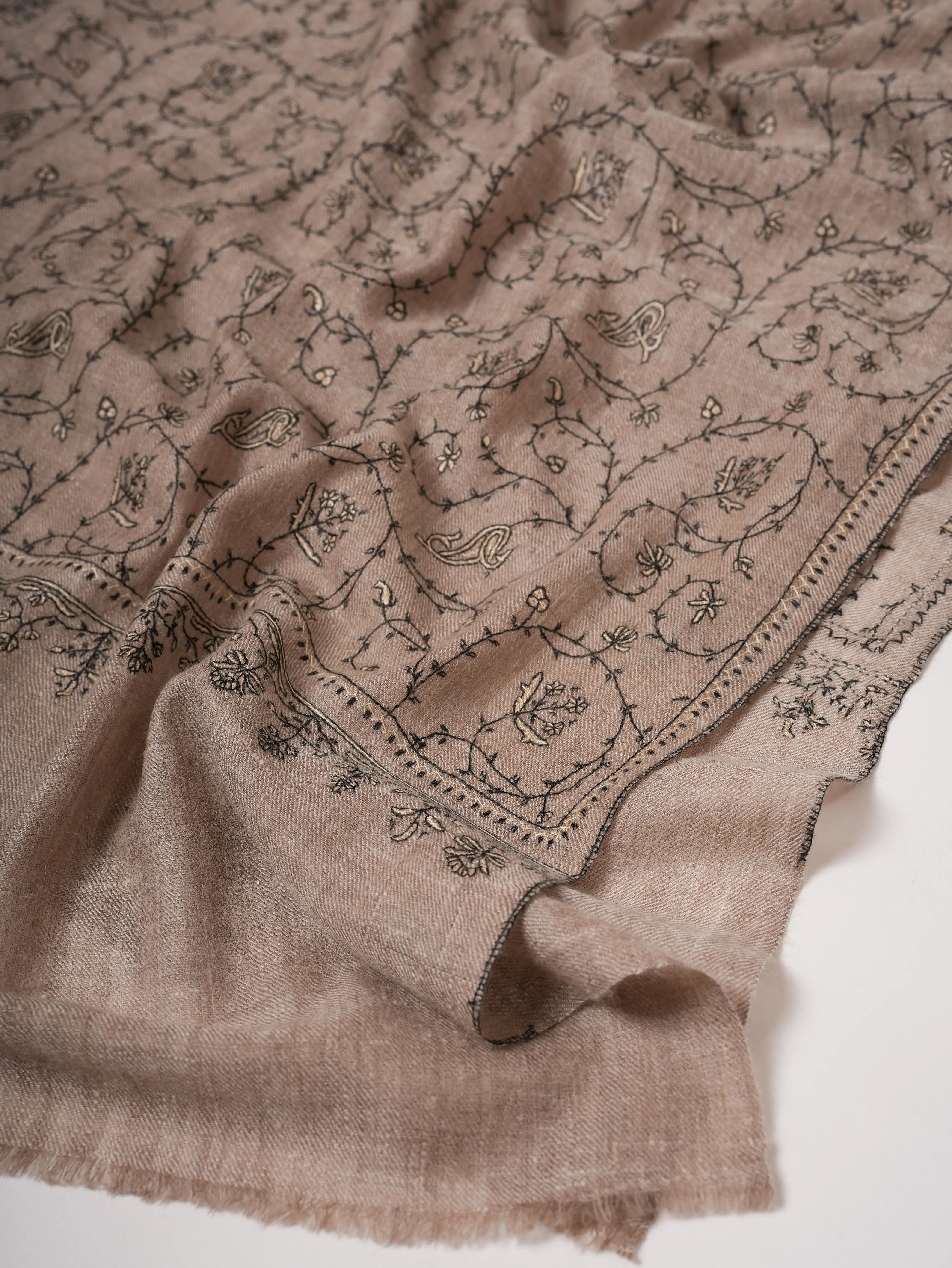 Natural Grey Cashmere Scarf with Black and White Jali Hand Embroidery Shahkaar