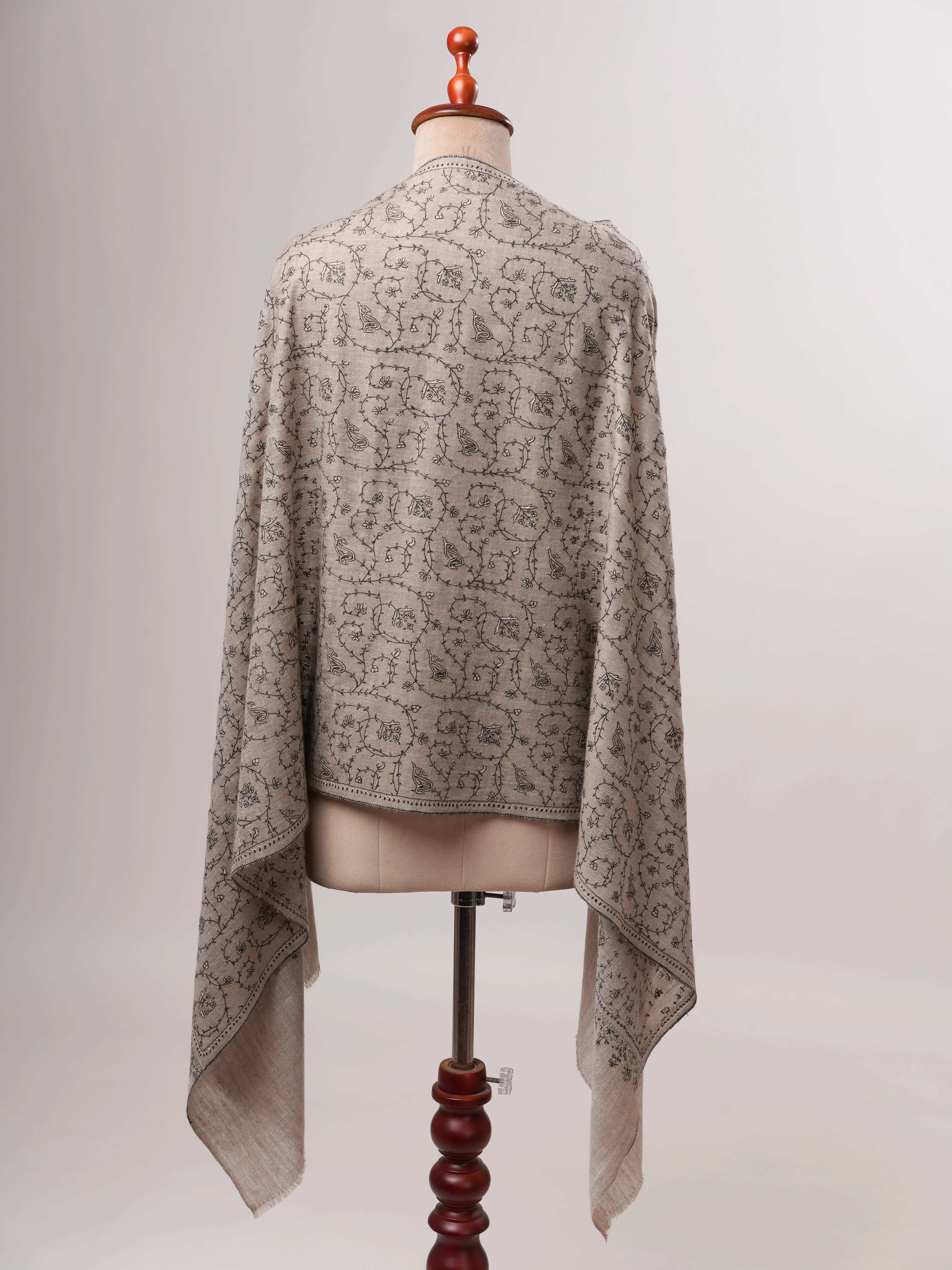 Natural Grey Cashmere Scarf with Black and White Jali Hand Embroidery Shahkaar