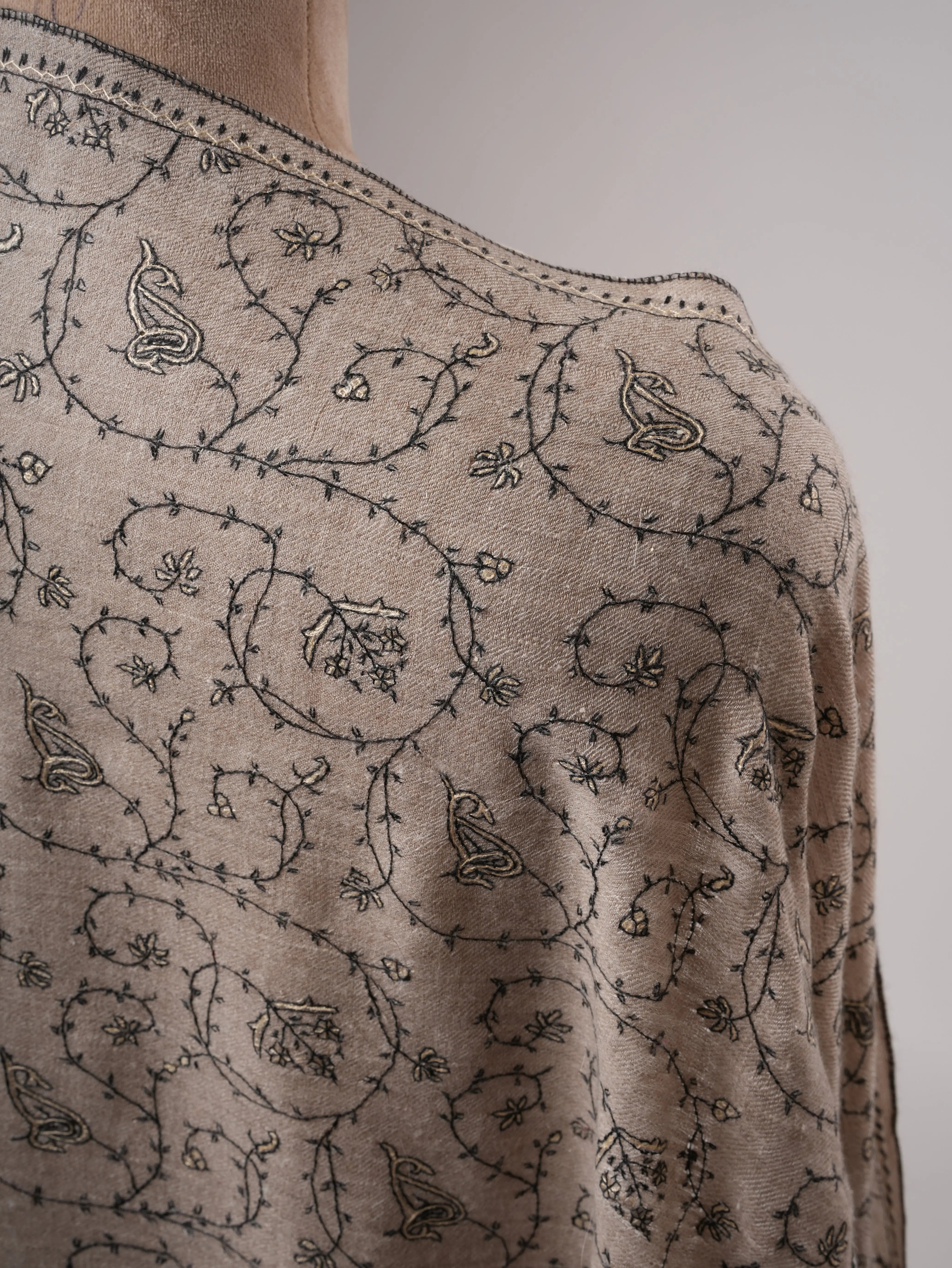 Natural Grey Cashmere Scarf with Black and White Jali Hand Embroidery Shahkaar