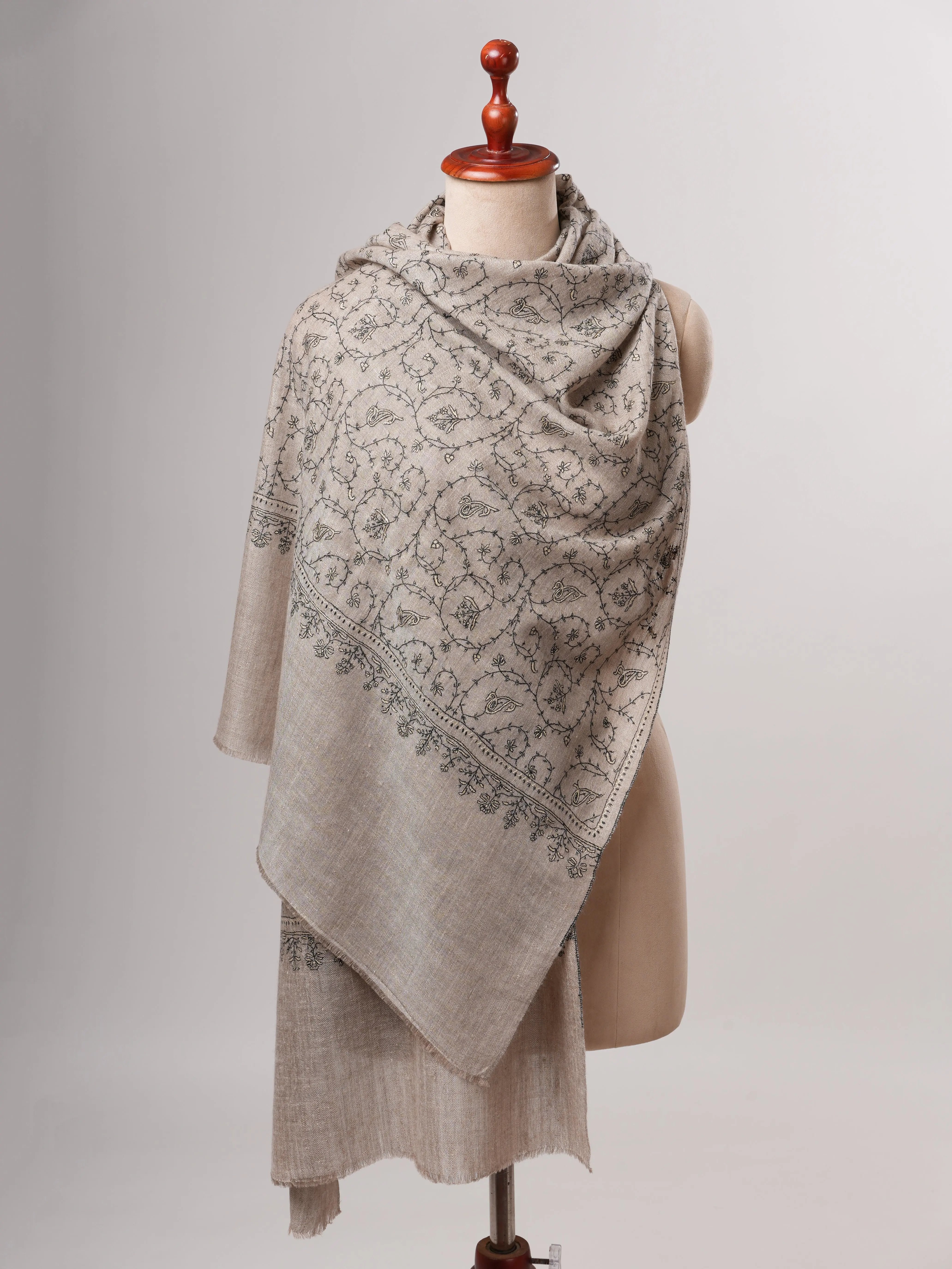 Natural Grey Cashmere Scarf with Black and White Jali Hand Embroidery Shahkaar