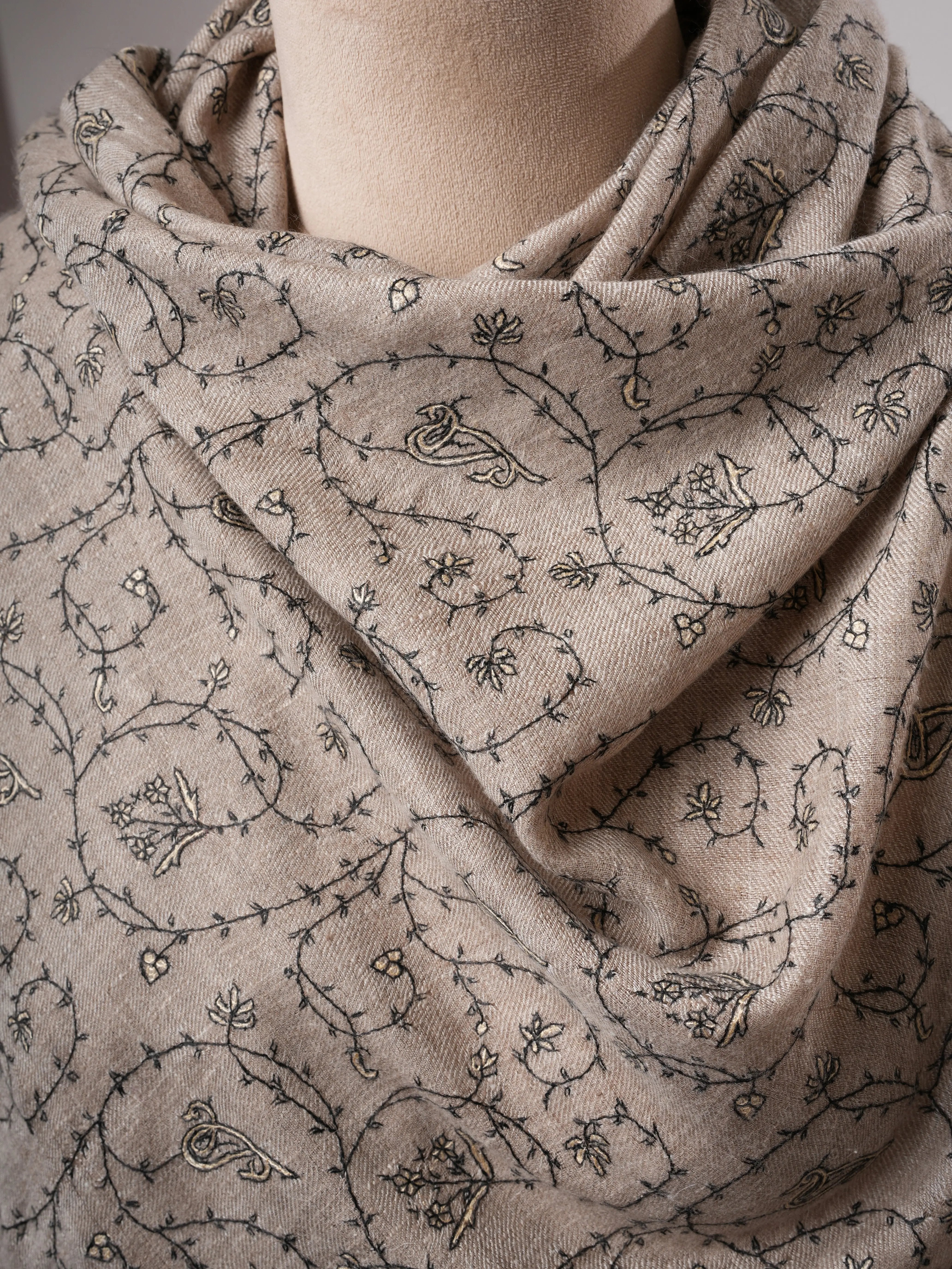 Natural Grey Cashmere Scarf with Black and White Jali Hand Embroidery Shahkaar