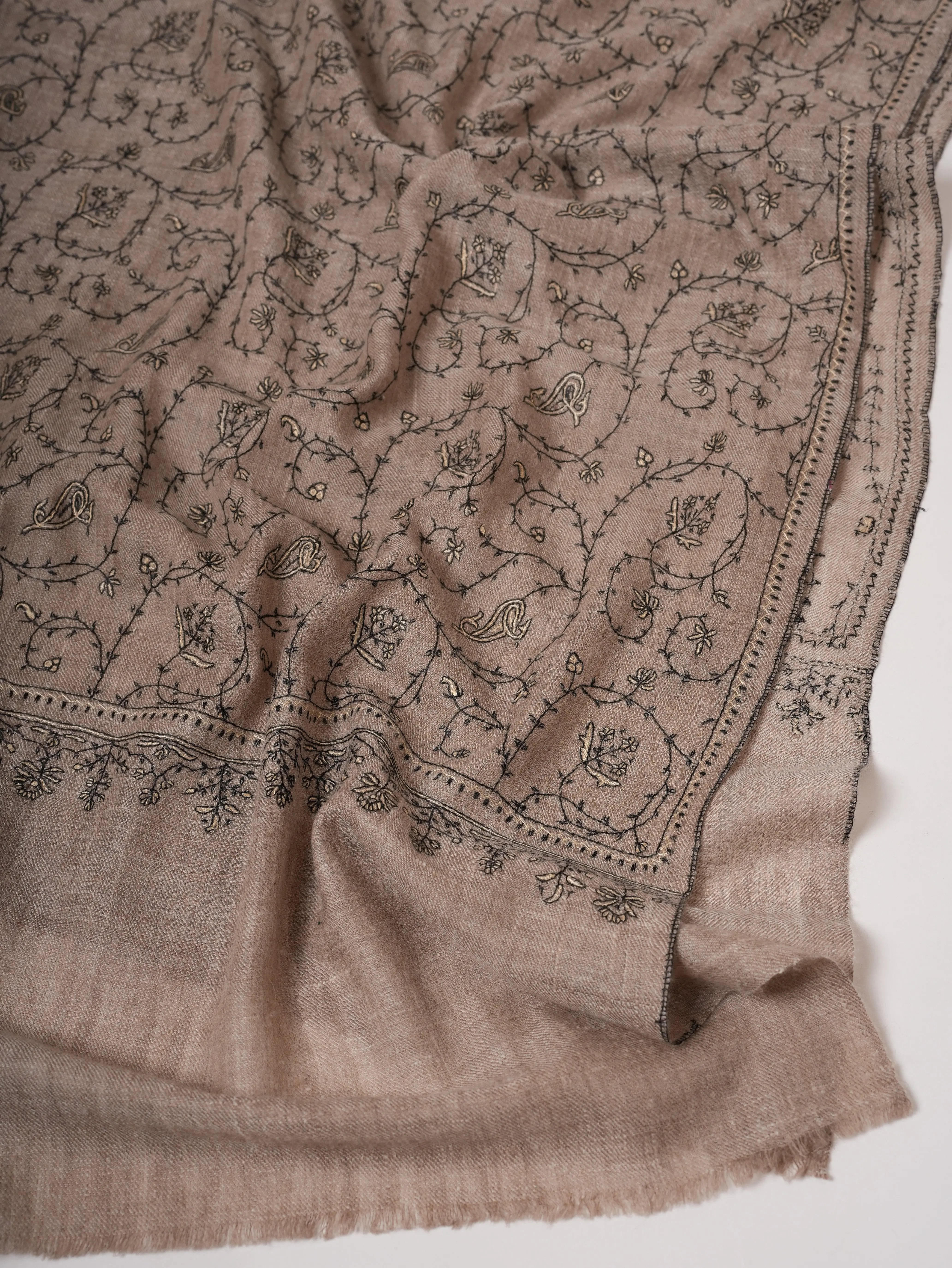 Natural Grey Cashmere Scarf with Black and White Jali Hand Embroidery Shahkaar