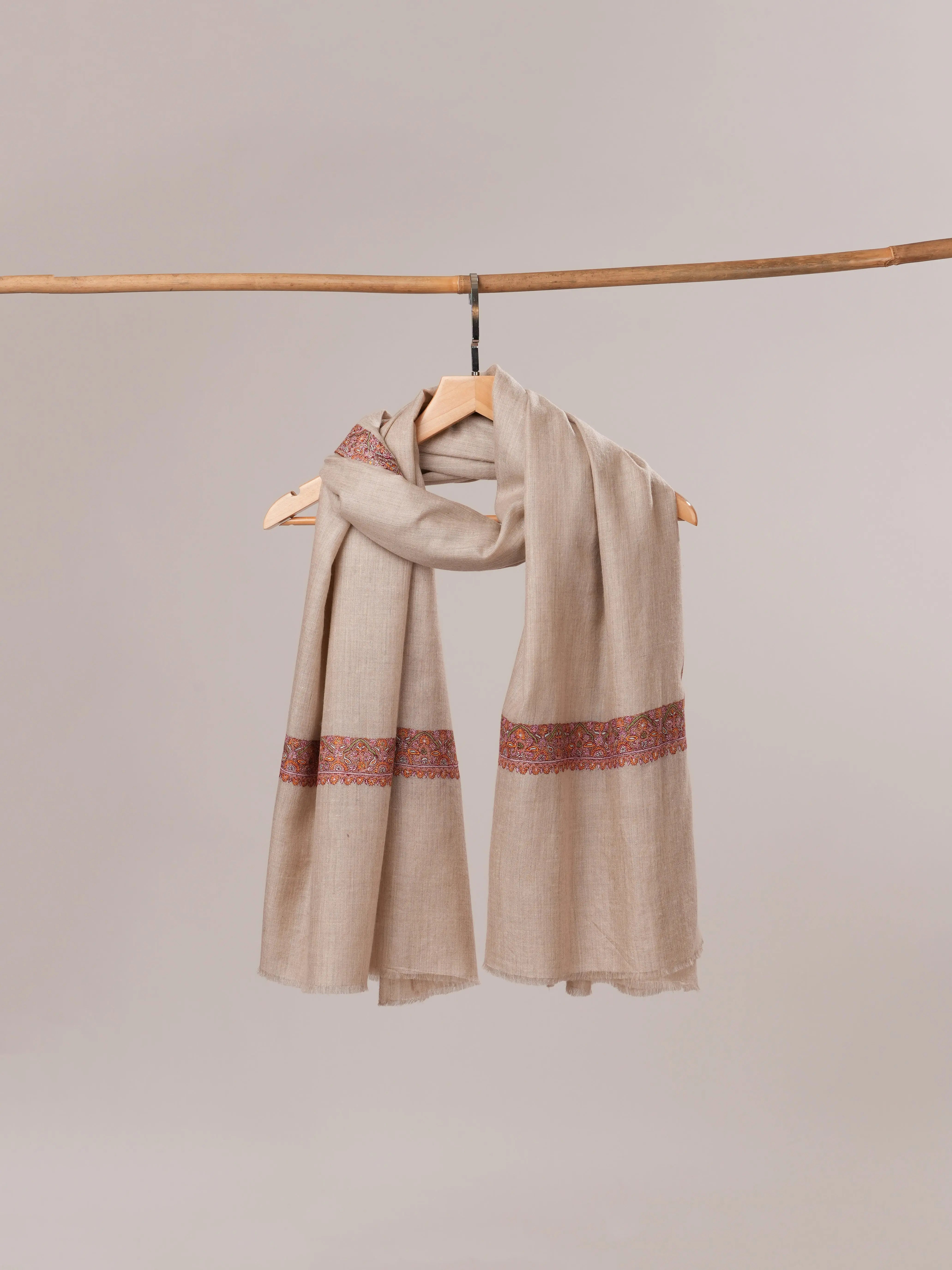 Natural Grey Pure Pashmina Shawl with Classic Neemdaur Hand Embroidery Shahkaar.com