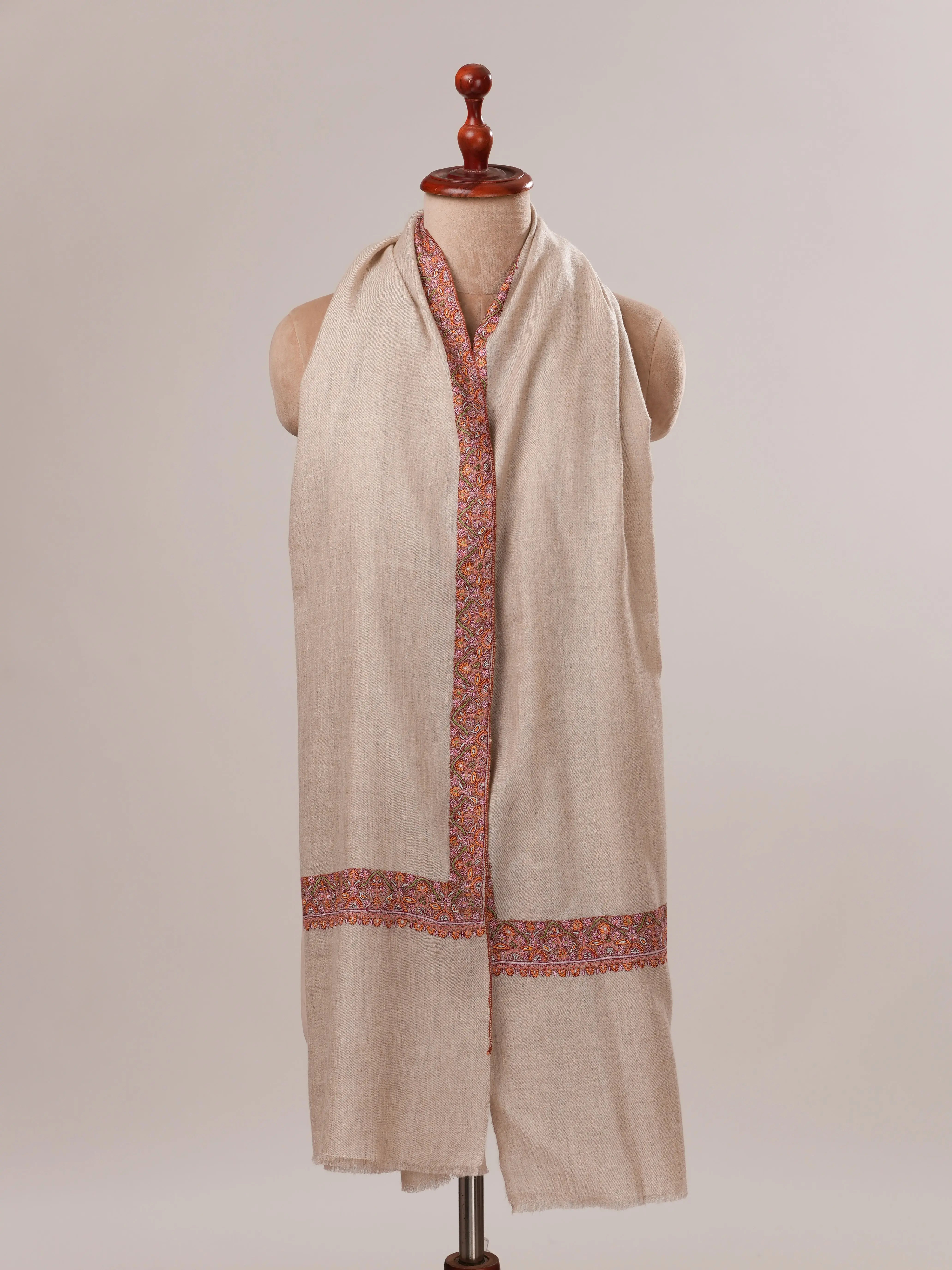 Natural Grey Pure Pashmina Shawl with Classic Neemdaur Hand Embroidery Shahkaar.com
