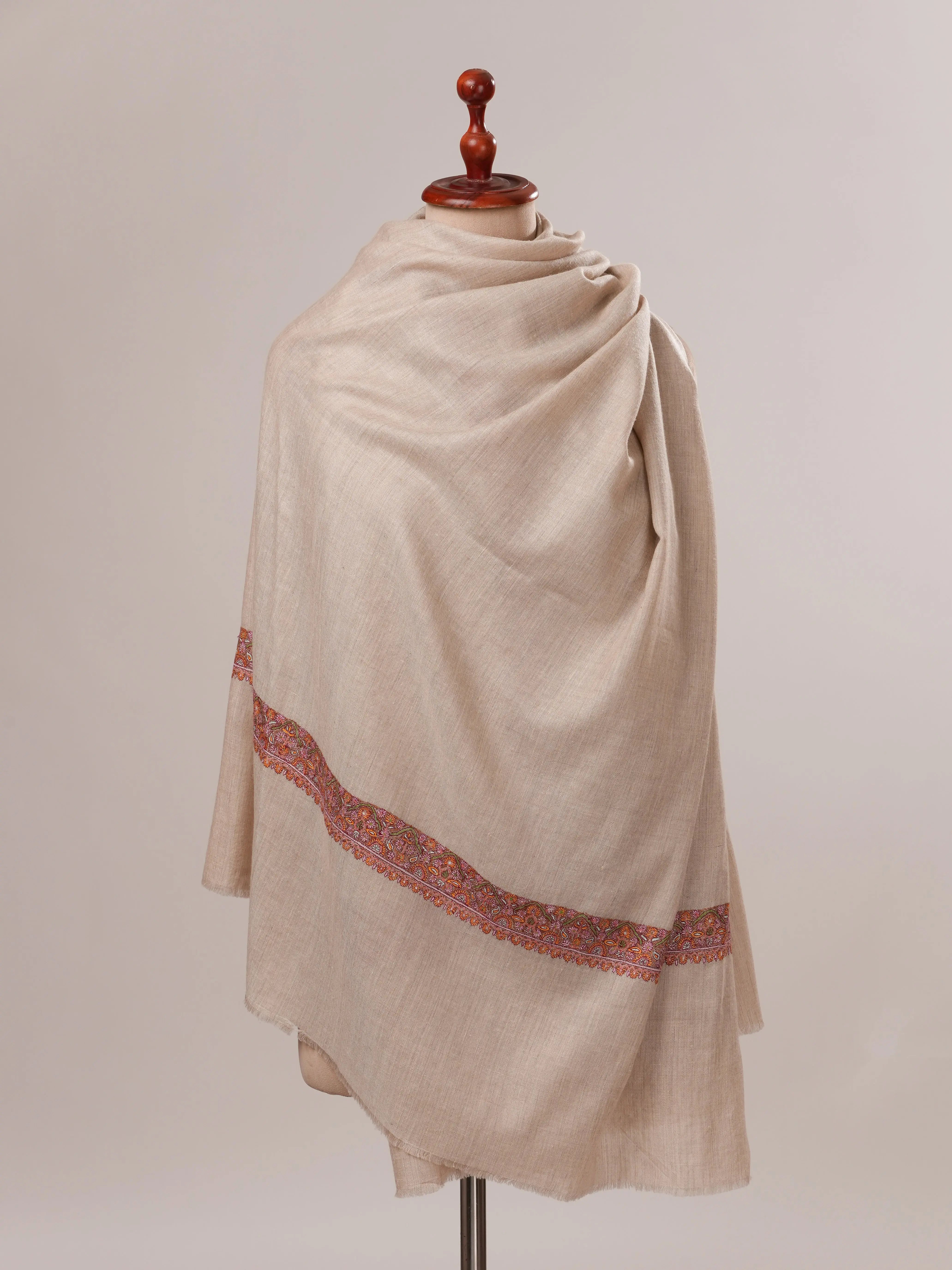 Natural Grey Pure Pashmina Shawl with Classic Neemdaur Hand Embroidery Shahkaar.com