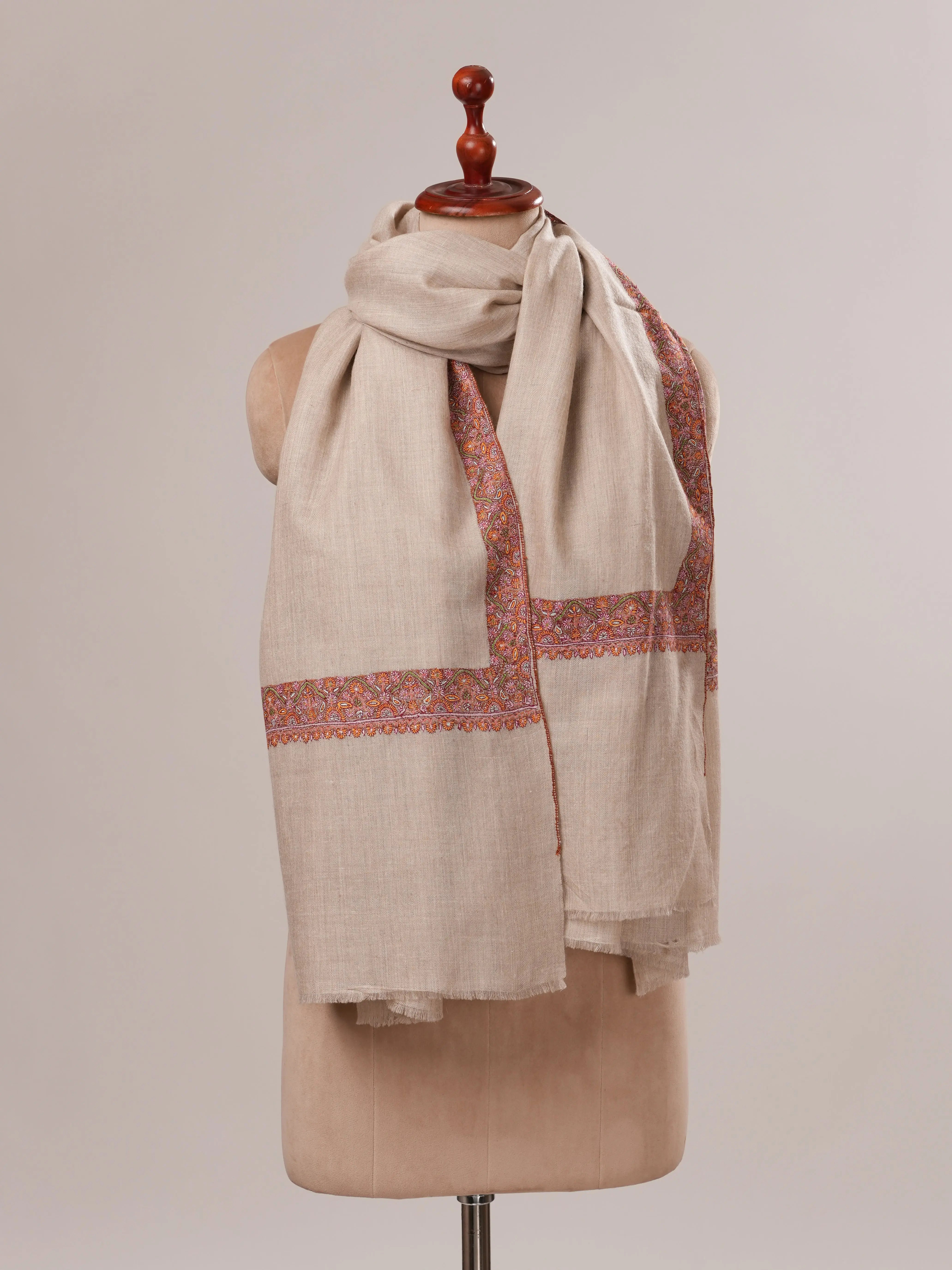 Natural Grey Pure Pashmina Shawl with Classic Neemdaur Hand Embroidery Shahkaar.com