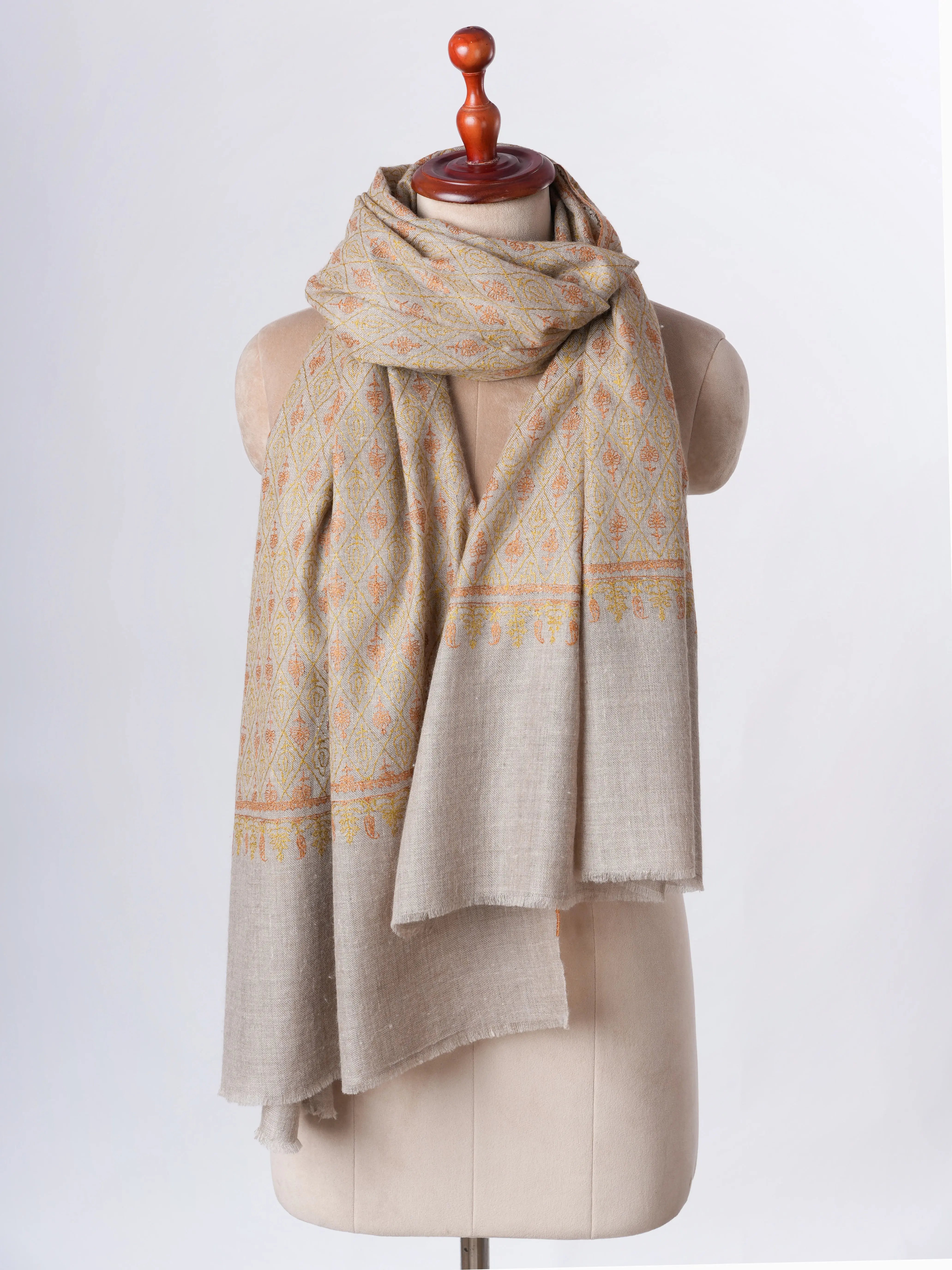 Natural Grey Baby Soft Cashmere Scarf with Jali Embroidery – Featherlight Shahkaar