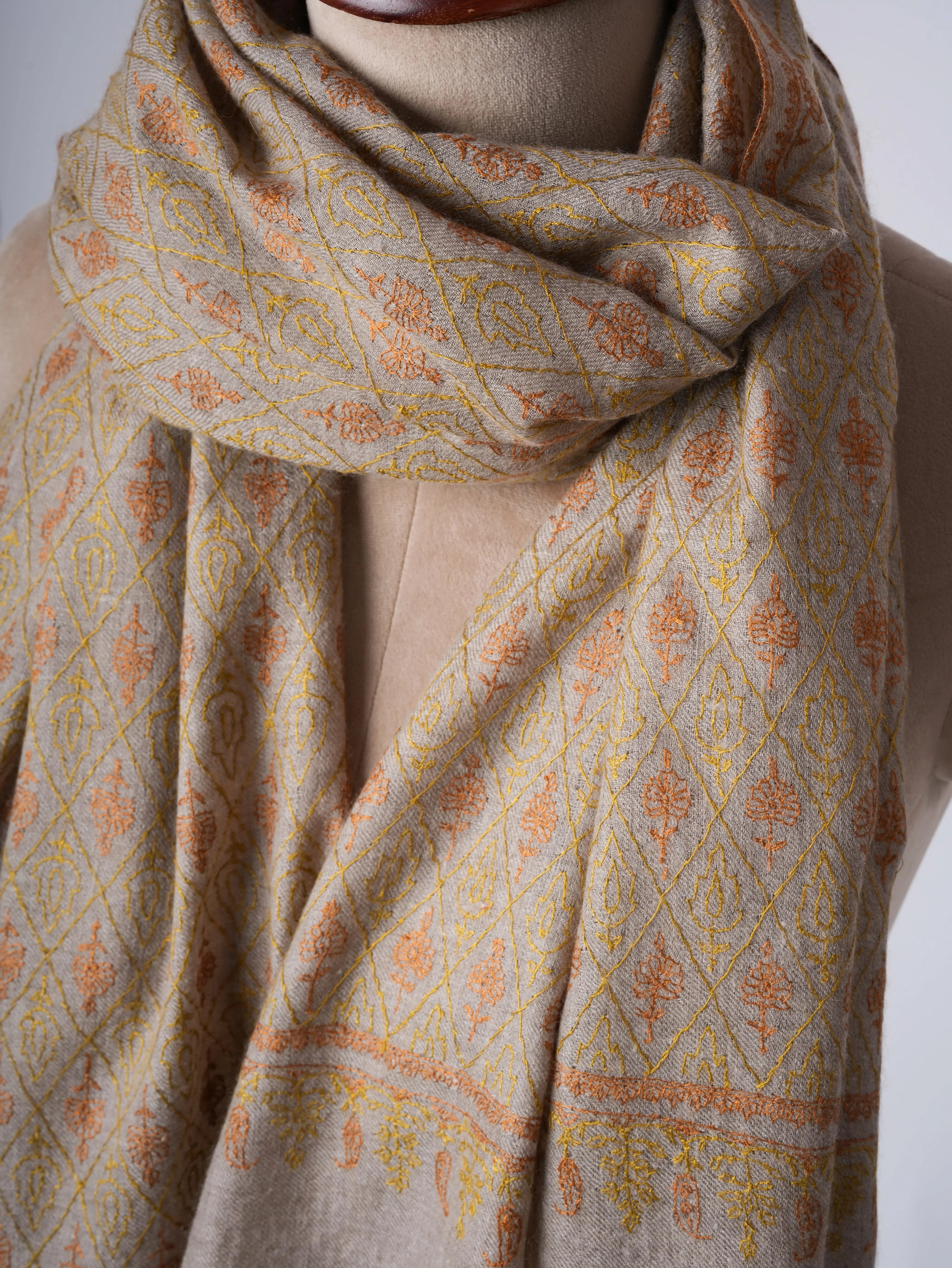 Natural Grey Baby Soft Cashmere Scarf with Jali Embroidery – Featherlight Shahkaar