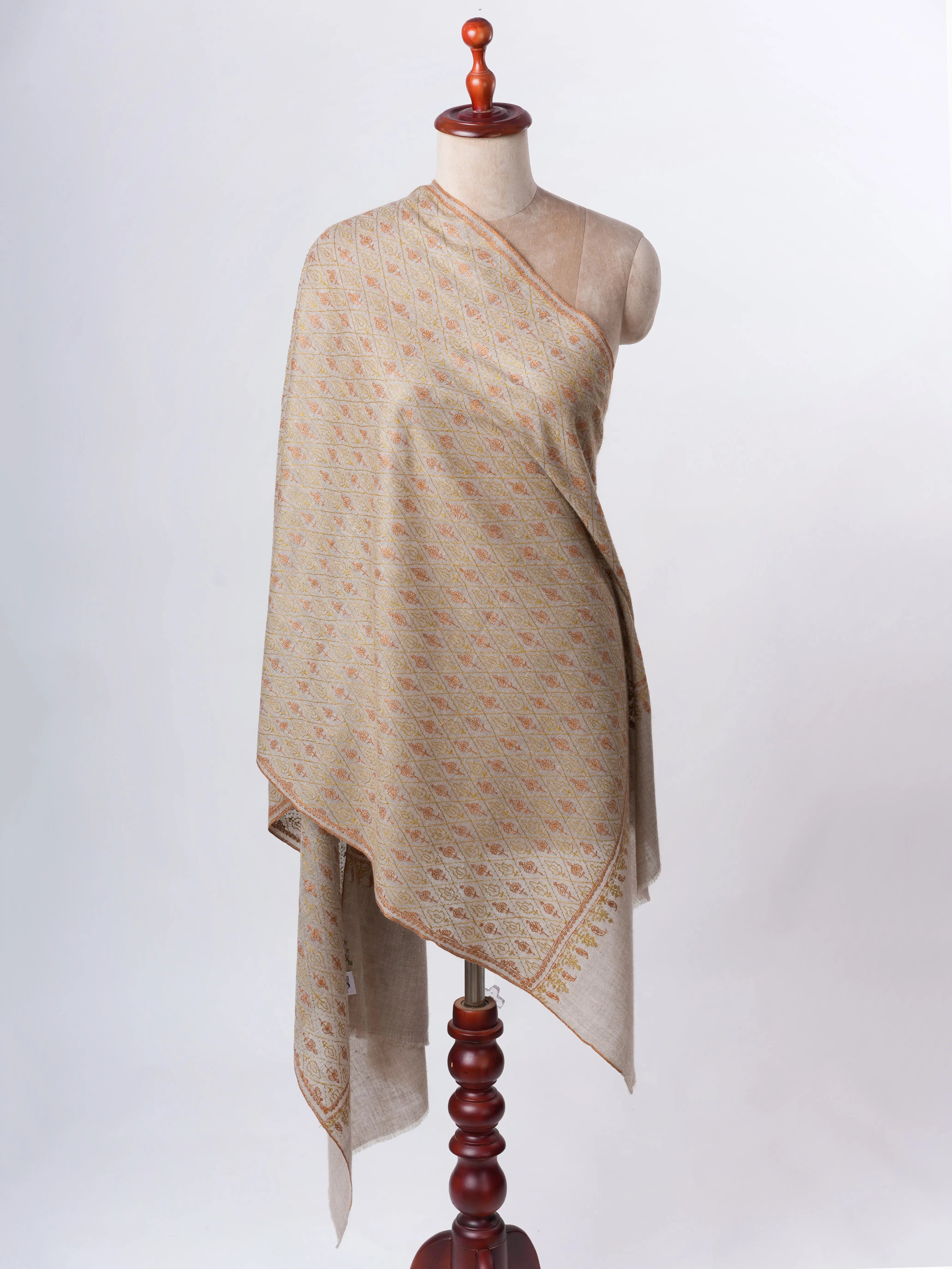 Natural Grey Baby Soft Cashmere Scarf with Jali Embroidery – Featherlight Shahkaar
